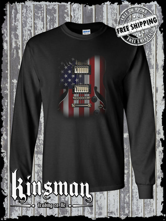American Flag Guitar Long Sleeve T-Shirt Rock and Roll Music Art 4th of July Tee