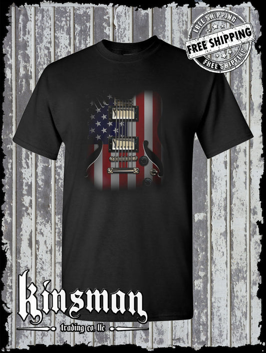 American Flag Guitar T-Shirt Rock and Roll Music Art 4th of July Tee