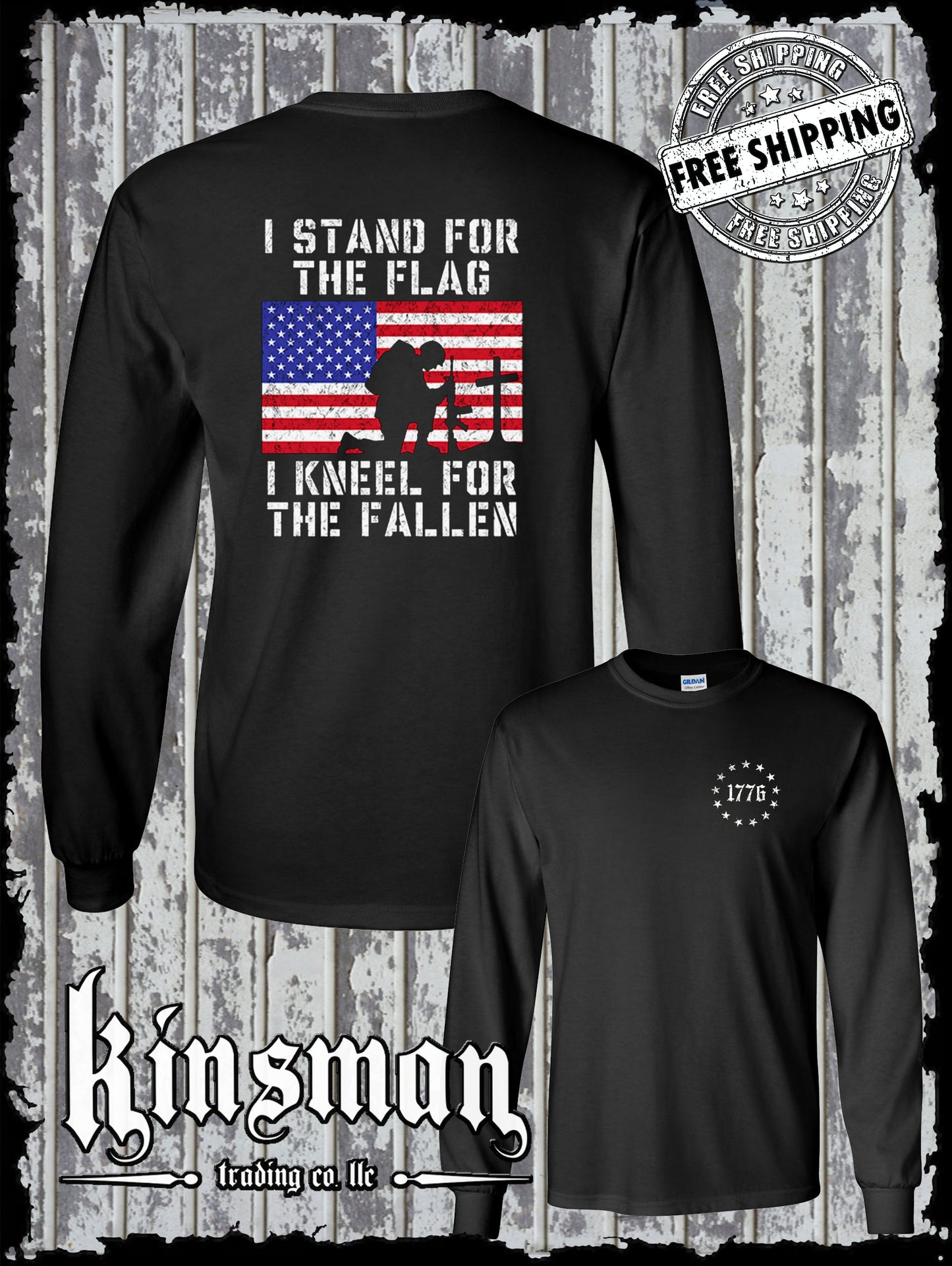 I Stand for the Flag I Kneel for the Fallen 2-Sided Long Sleeve T Shirt American Flag Cross USA