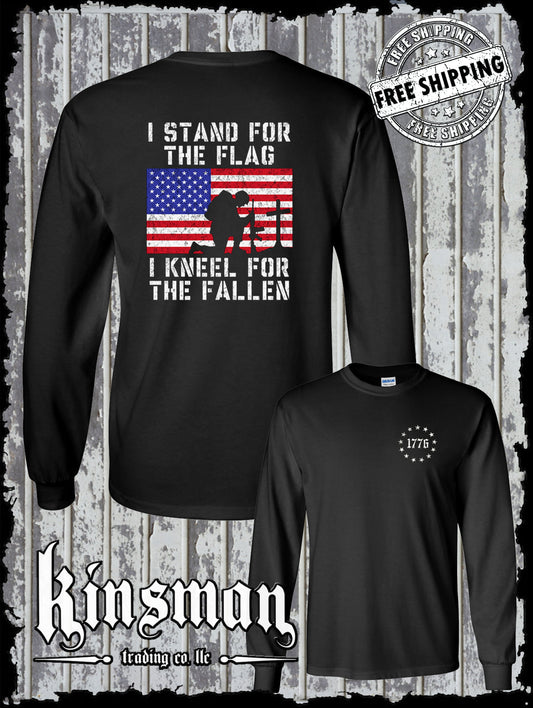 I Stand for the Flag I Kneel for the Fallen 2-Sided Long Sleeve T Shirt American Flag Cross USA