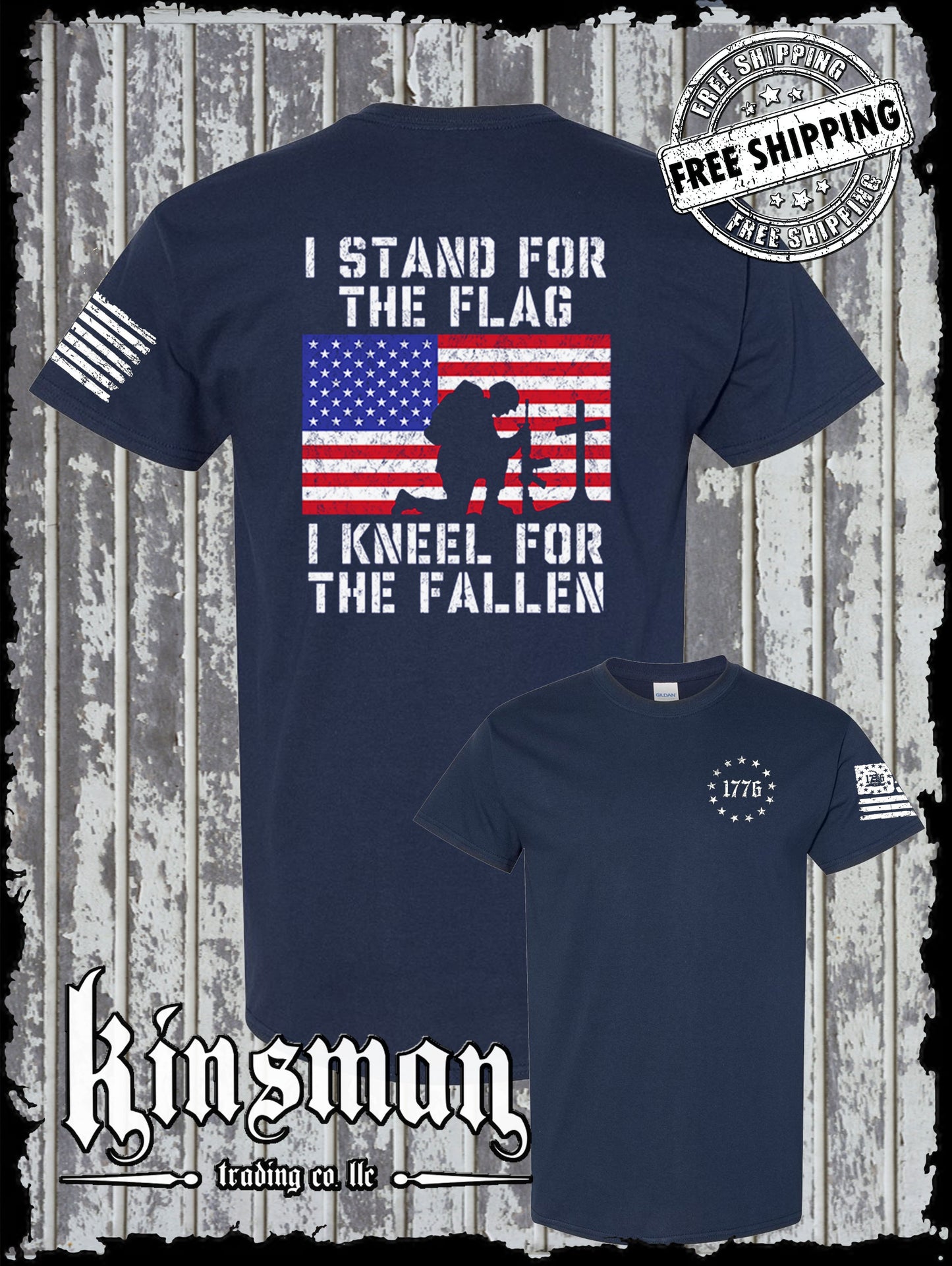 I Stand for the Flag I Kneel for the Fallen 2-Sided T Shirt American Flag Cross USA