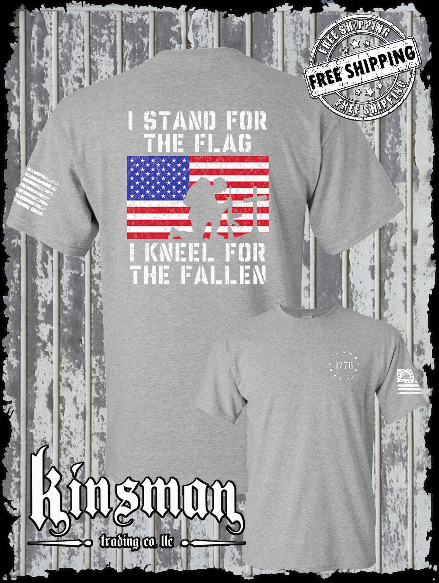 I Stand for the Flag I Kneel for the Fallen 2-Sided T Shirt American Flag Cross USA