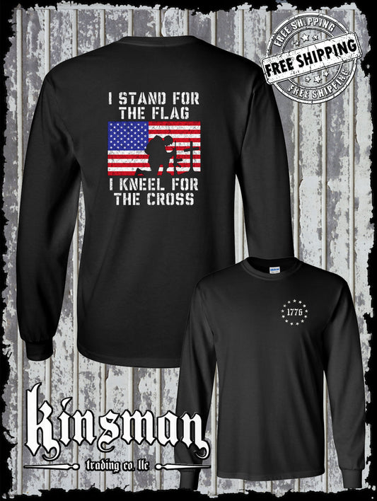 I Stand for the Flag Kneel for the Cross 2-Sided Long Sleeve T-Shirt American Patriot USA God's Country