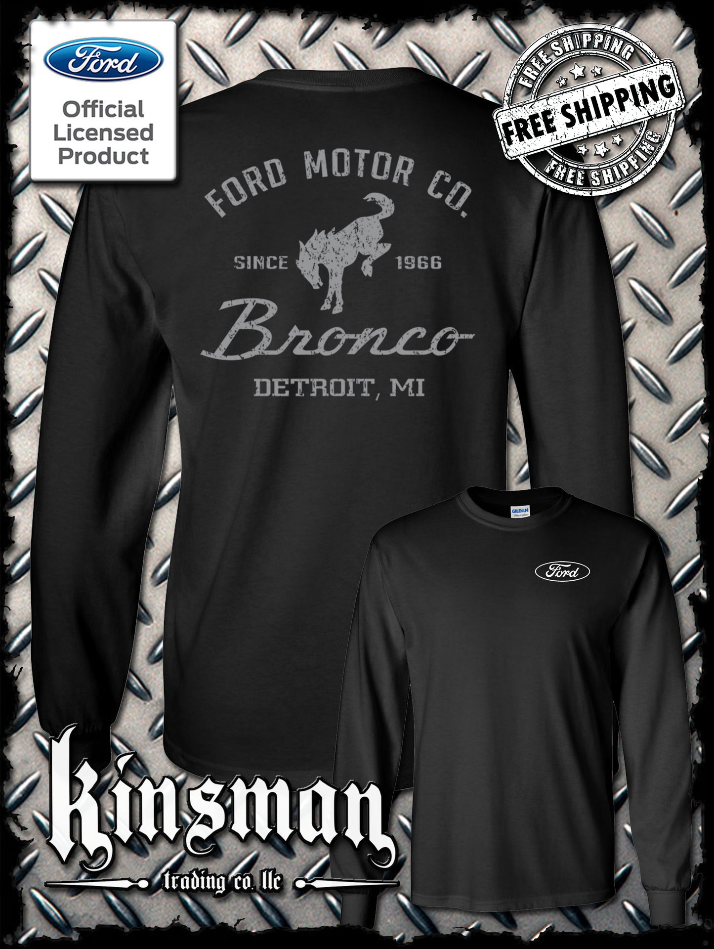 Ford Motor Co Bronco Detroit, MI 2-Sided Long Sleeve T-Shirt - Official Licensed Product