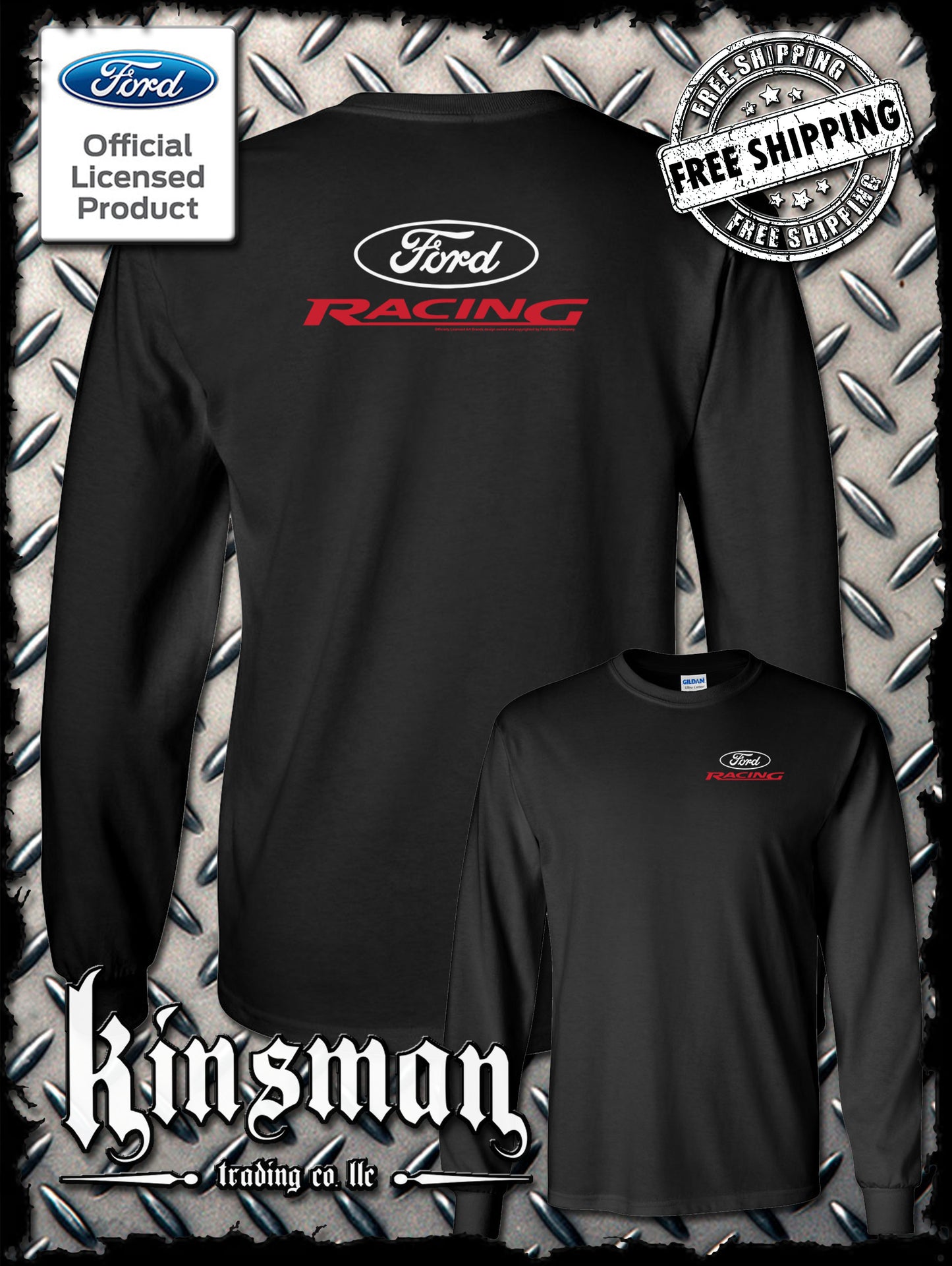 Ford Racing Oval White Red Logo 2-Sided Long Sleeve T-Shirt - Official Licensed Product