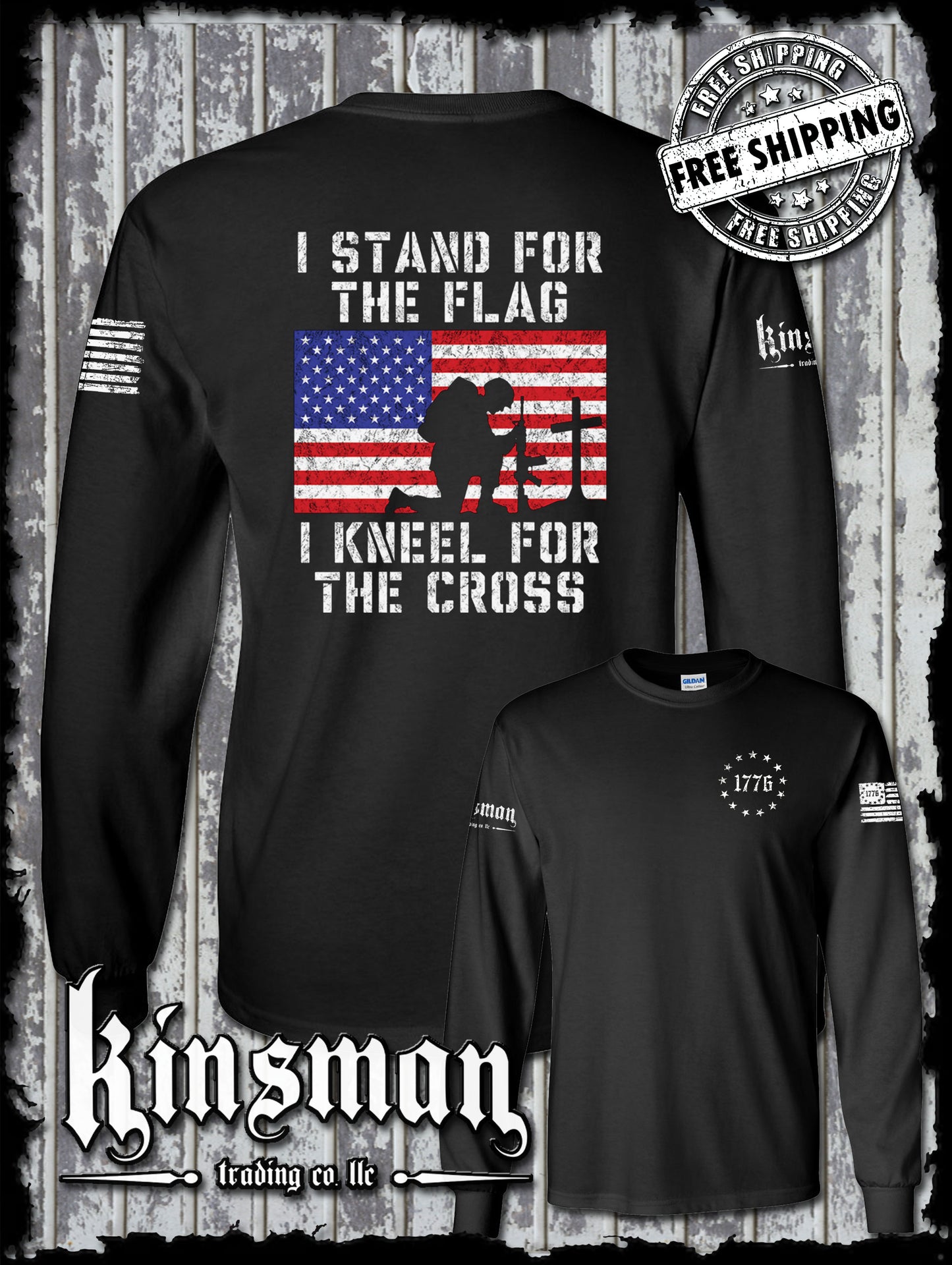 I Stand for the Flag Kneel for the Cross 2-Sided Long Sleeve T-Shirt American Patriot USA God's Country