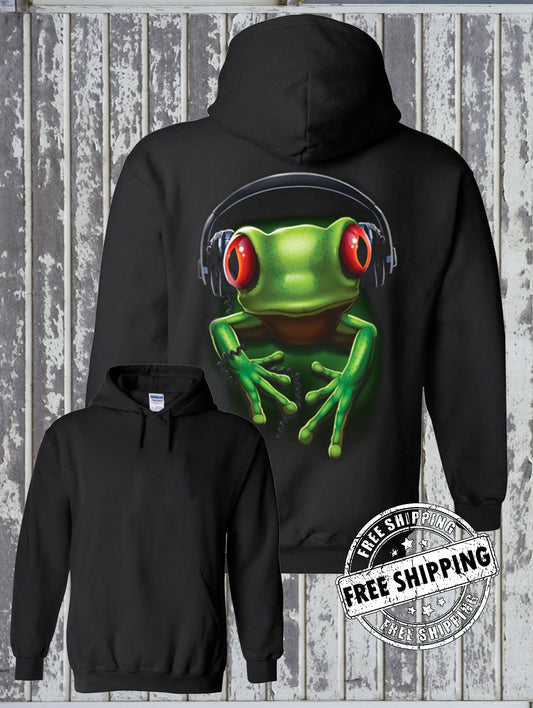 Frog Rock DJ with Headphones Music Party Hoodie Animal Reptile Wildlife
