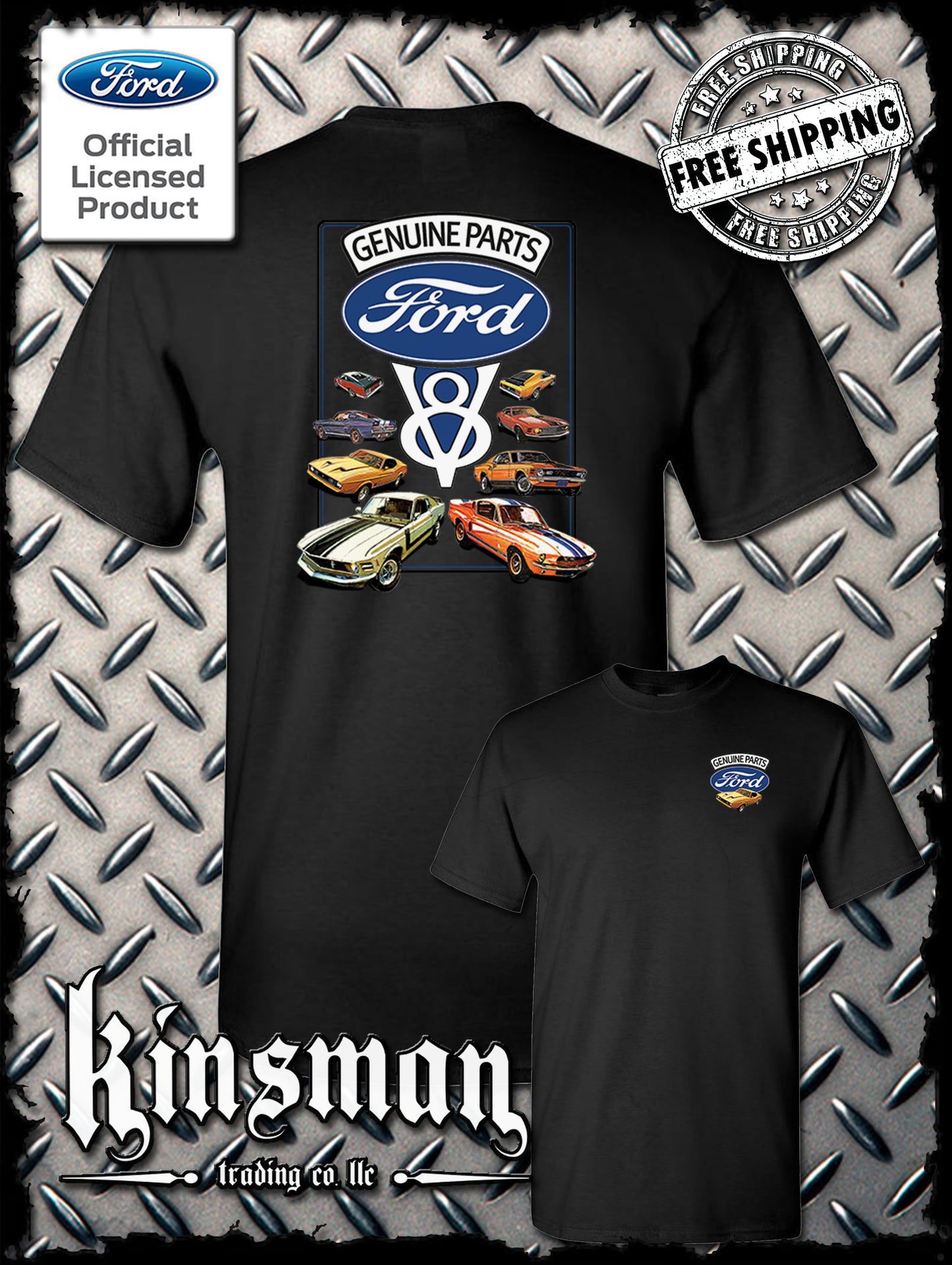 Ford Genuine Parts V8 Classic Blue Logo 2-Sided T-Shirt Mustang GT