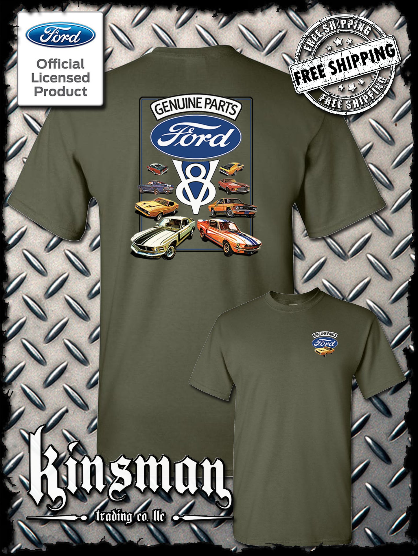 Ford Genuine Parts V8 Classic Blue Logo 2-Sided T-Shirt Mustang GT