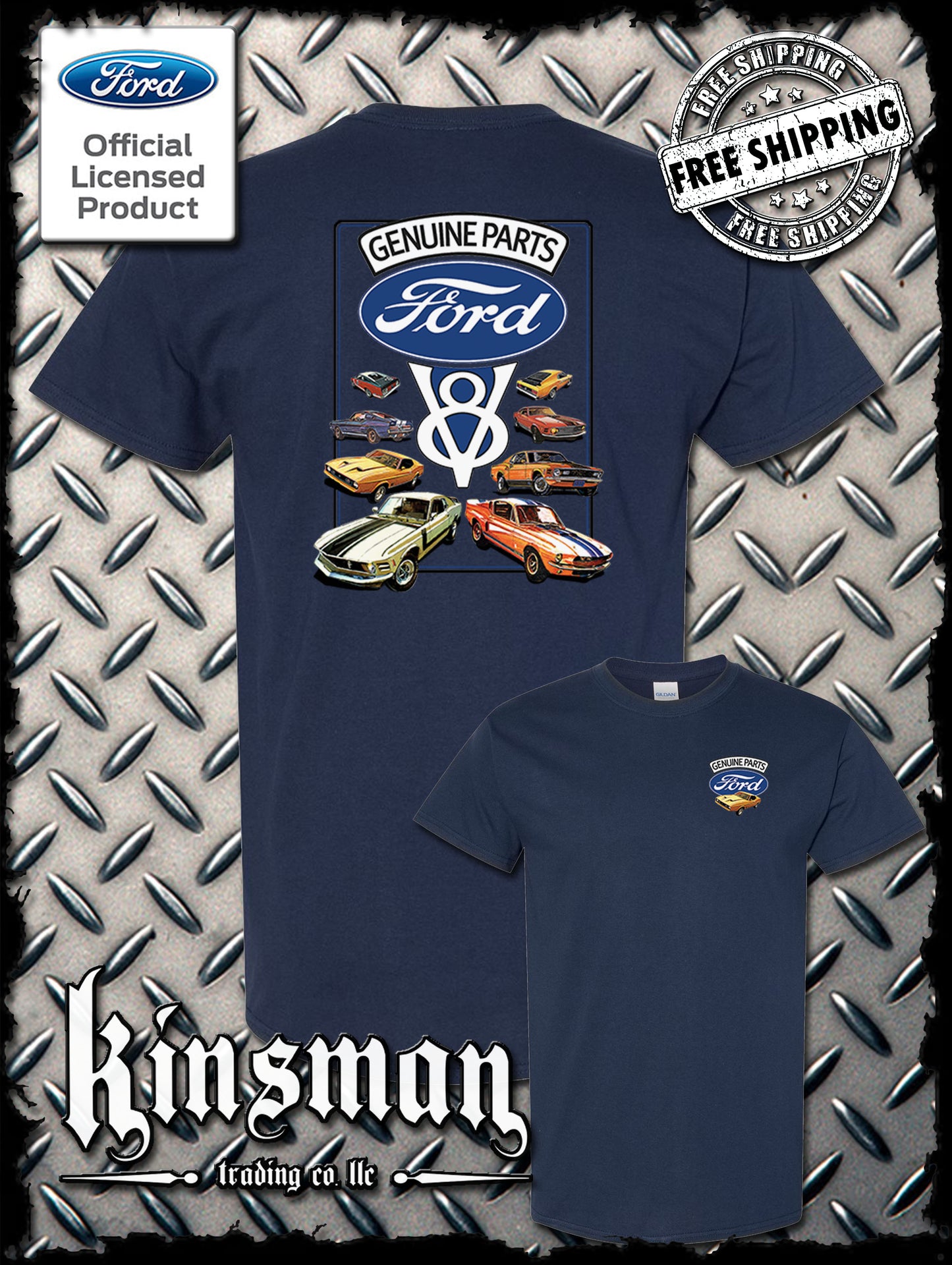 Ford Genuine Parts V8 Classic Blue Logo 2-Sided T-Shirt Mustang GT