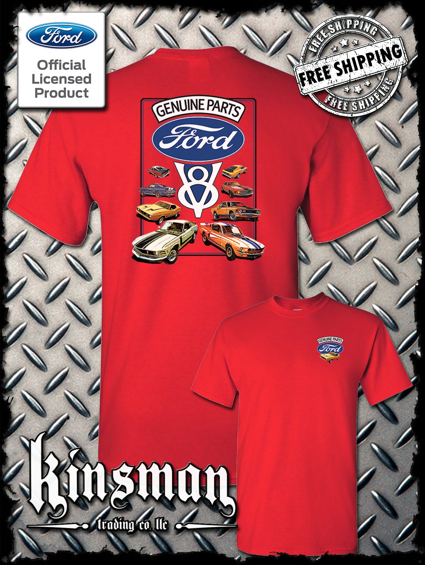 Ford Genuine Parts V8 Classic Blue Logo 2-Sided T-Shirt Mustang GT