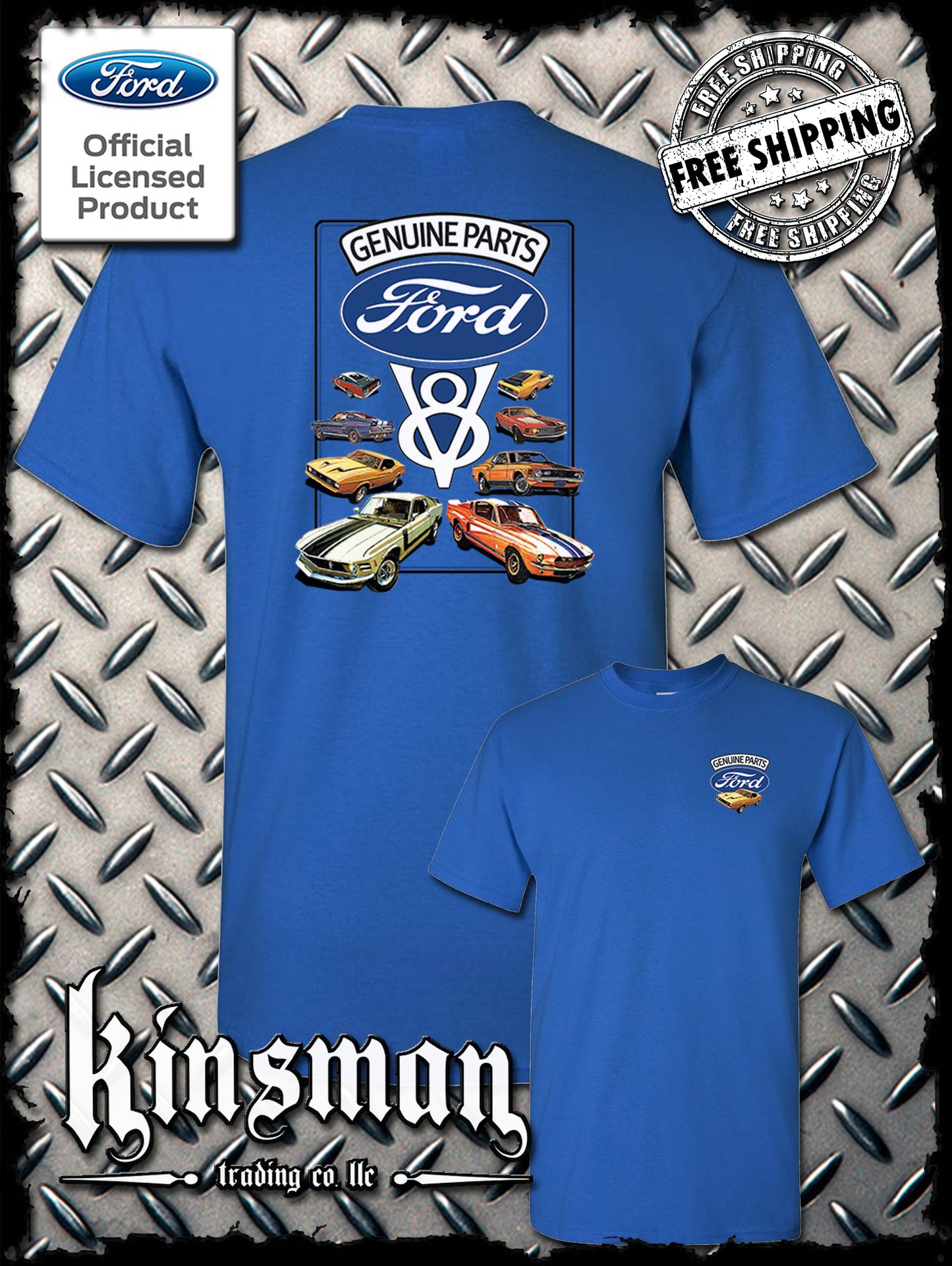 Ford Genuine Parts V8 Classic Blue Logo 2-Sided T-Shirt Mustang GT