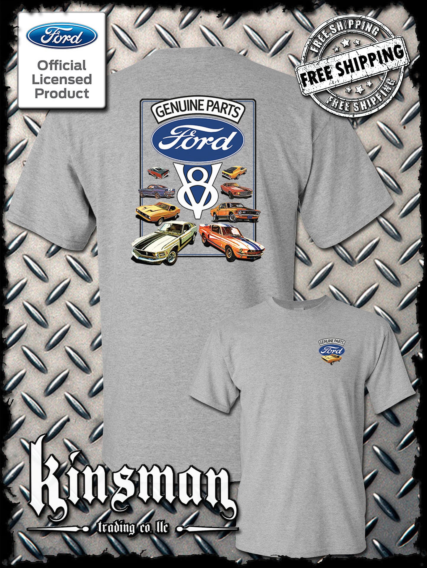 Ford Genuine Parts V8 Classic Blue Logo 2-Sided T-Shirt Mustang GT