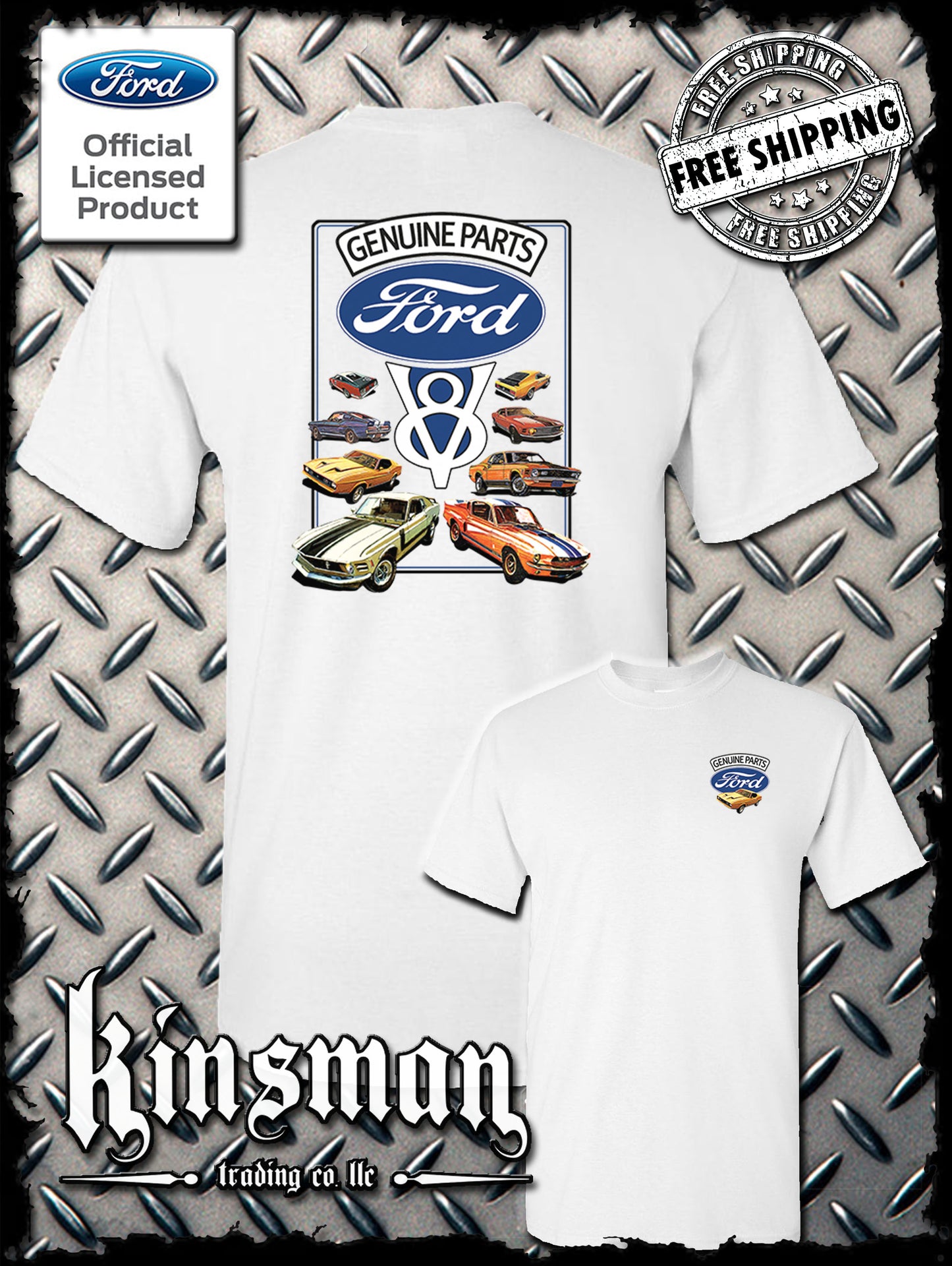 Ford Genuine Parts V8 Classic Blue Logo 2-Sided T-Shirt Mustang GT