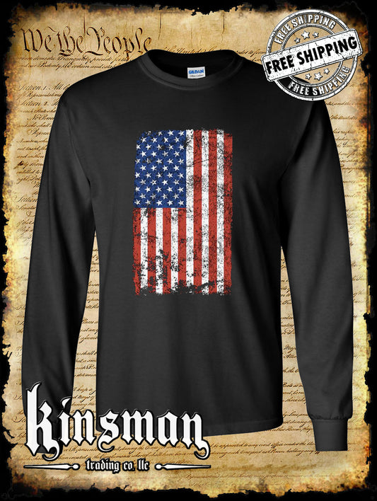 Distressed American US Flag Long Sleeve T-Shirt - Patriotic 4th of July USA Grunge Military