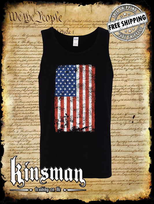 Distressed American US Flag Tank Top T-Shirt - Patriotic 4th of July USA Grunge Military