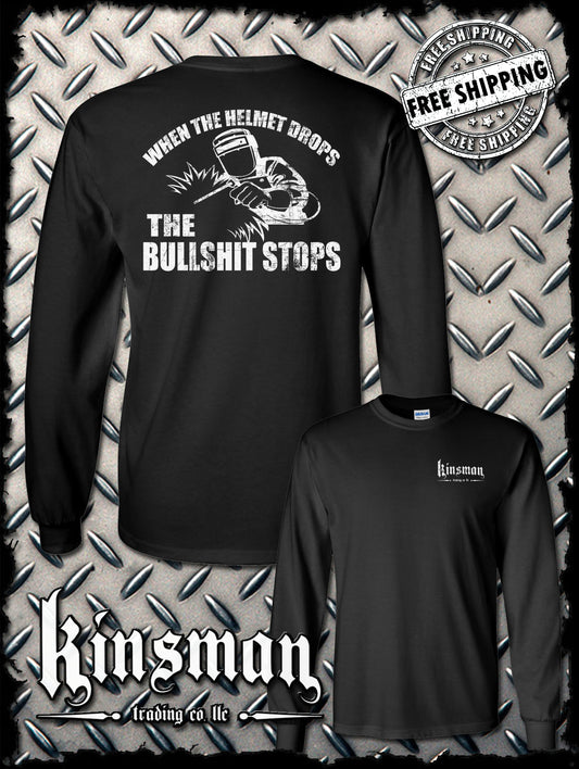 When The Helmet Drops The BS Stops 2-Sided Long Sleeve T-Shirt - Welding Mask