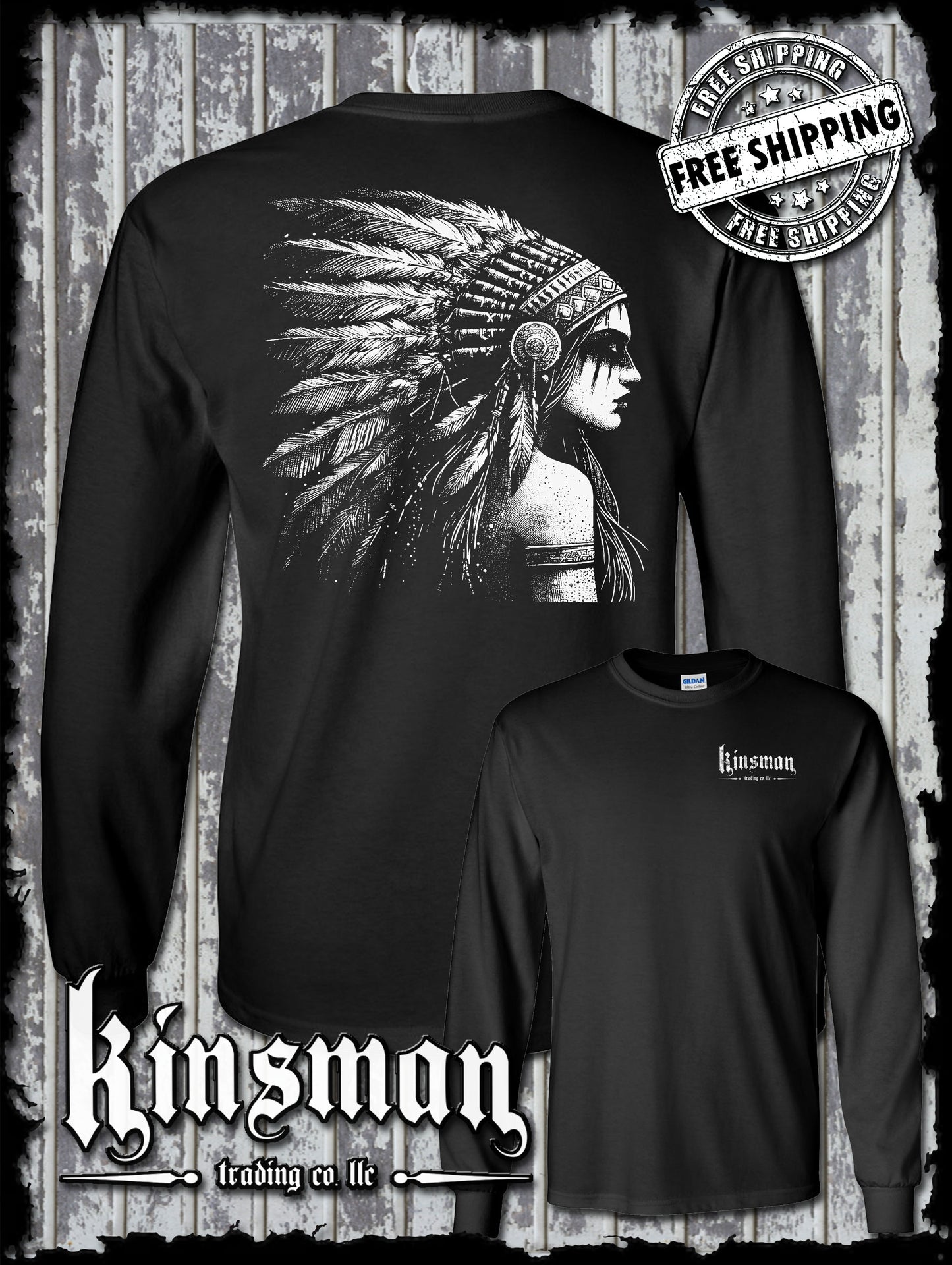 Native American Indian Girl 2-Sided Long Sleeve T-Shirt / Feather War Bonnet