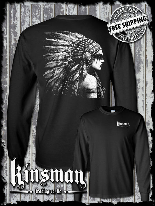 Native American Indian Girl 2-Sided Long Sleeve T-Shirt / Feather War Bonnet