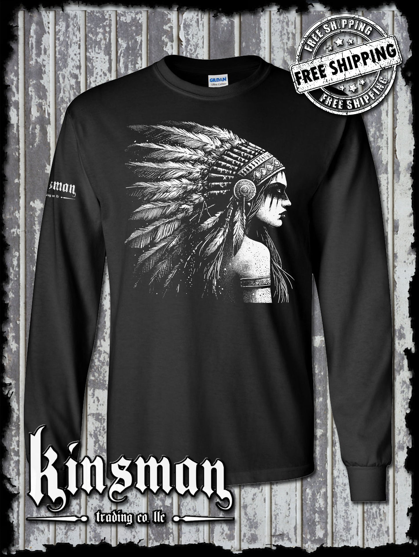 Native American Indian Girl Long Sleeve T-Shirt / Feather War Bonnet