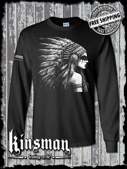 Native American Indian Girl Long Sleeve T-Shirt / Feather War Bonnet