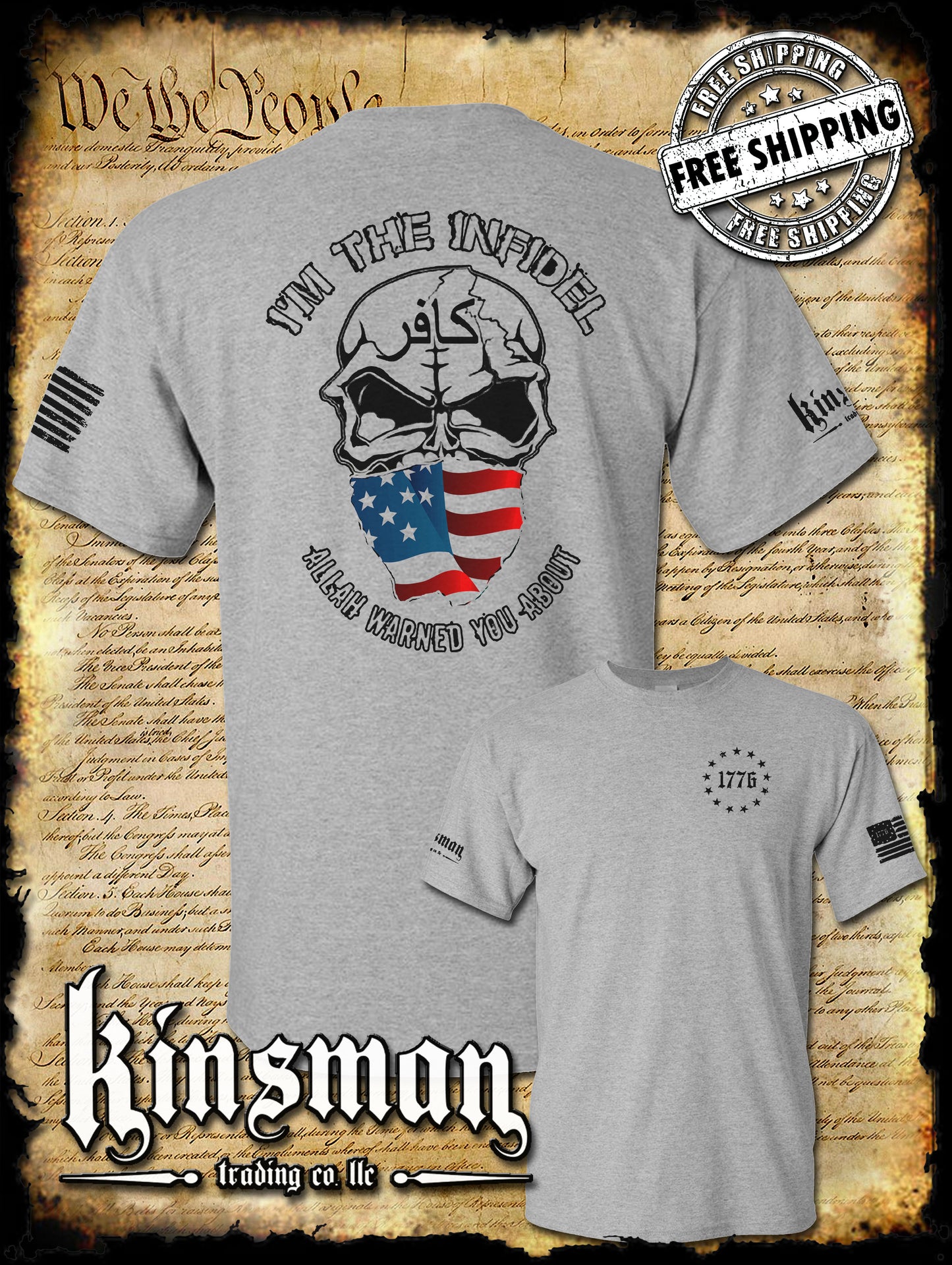 I'm The Infidel Allah Warned You About 2-Sided T-Shirt / AMERICAN FLAG Skull Army USA