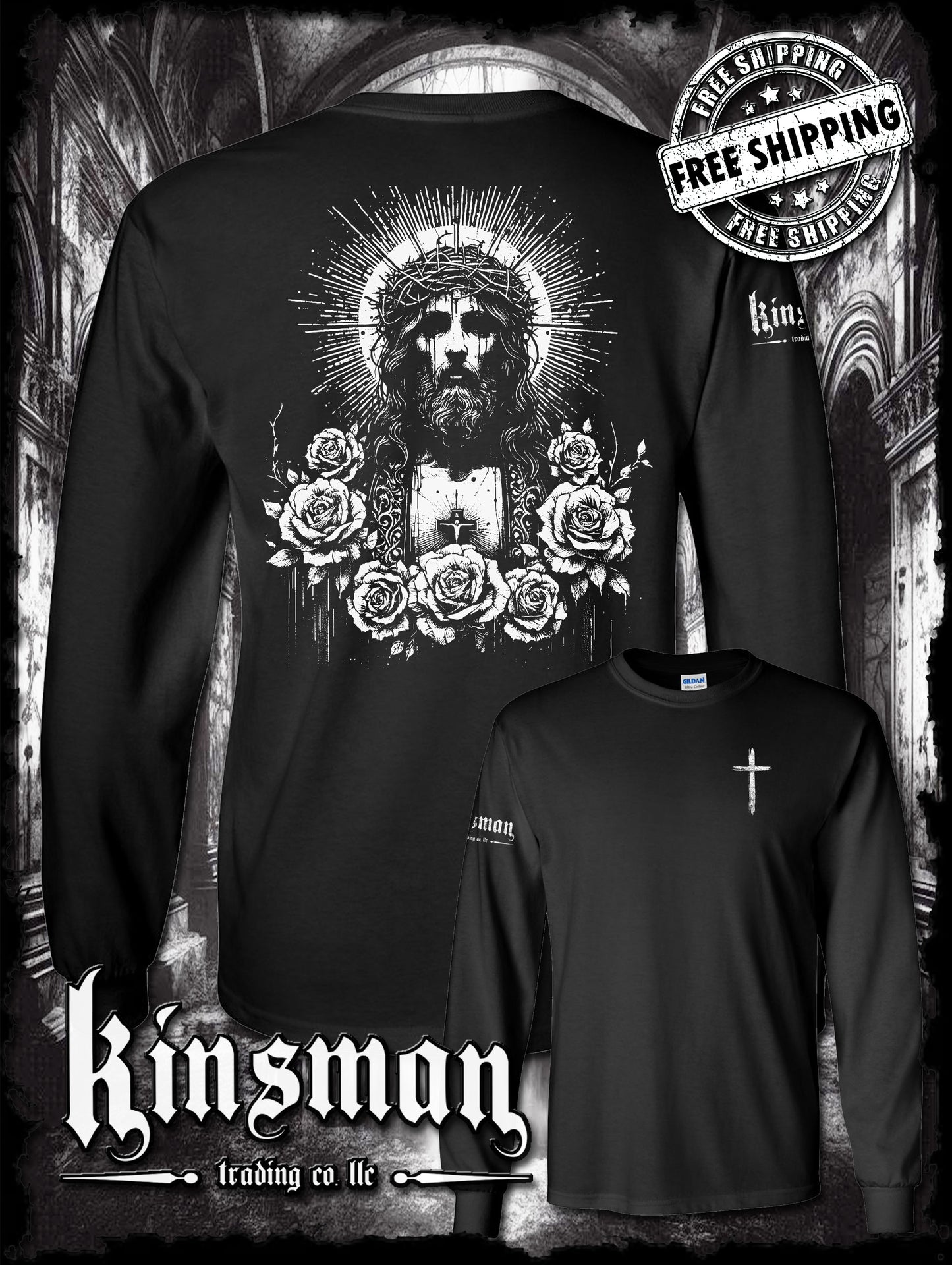 Jesus Christ Floral Portrait 2-Sided Long Sleeve T-Shirt