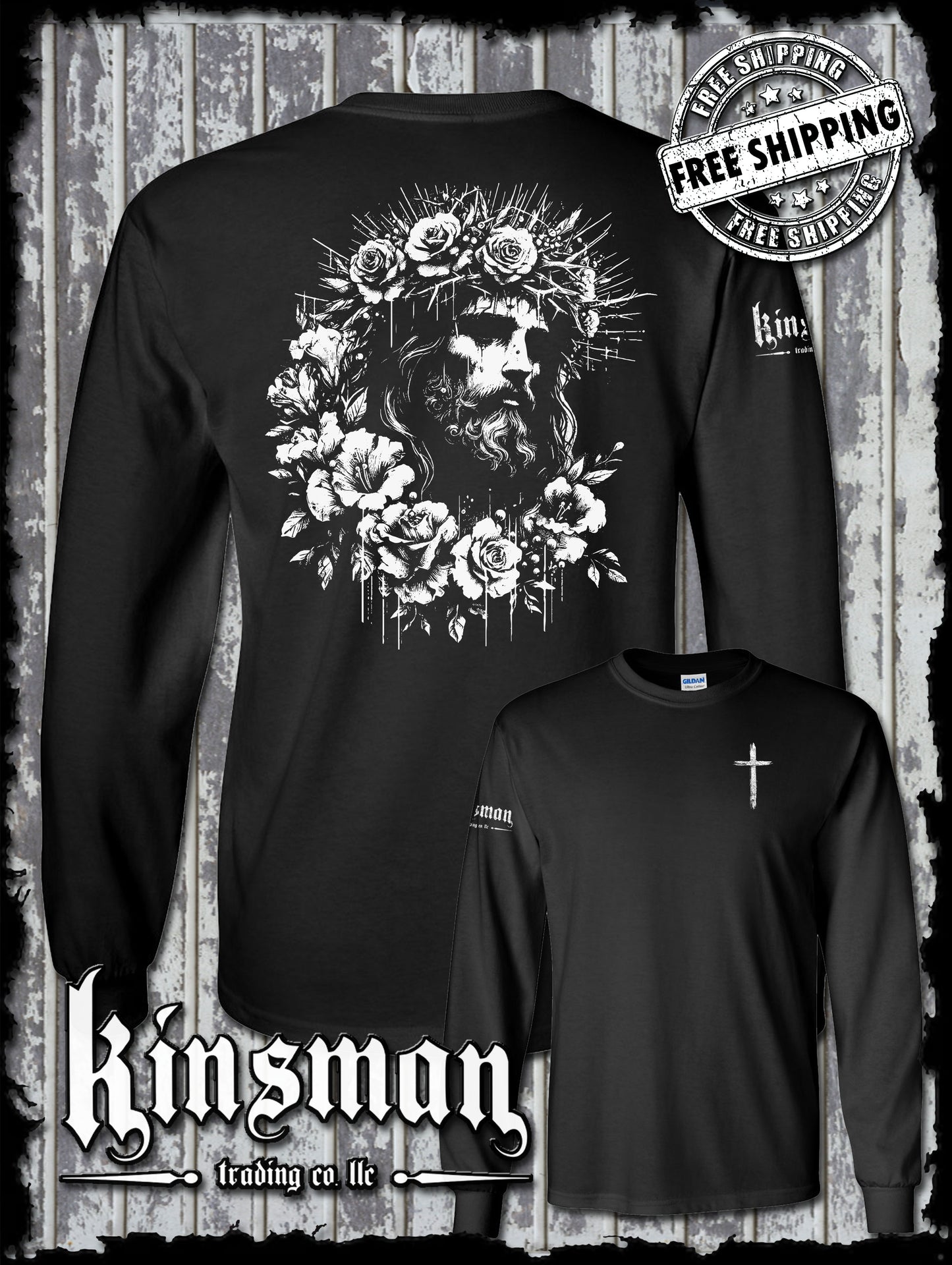 Jesus Portrait Roses 2-Sided Long Sleeve T-Shirt