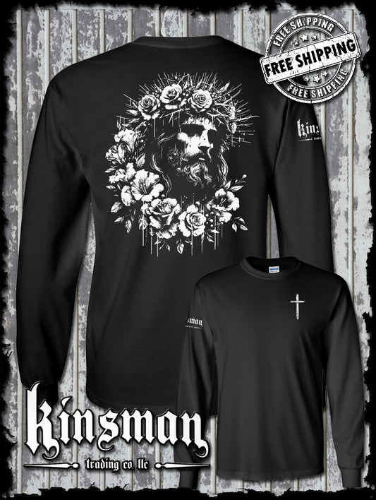Jesus Portrait Roses 2-Sided Long Sleeve T-Shirt