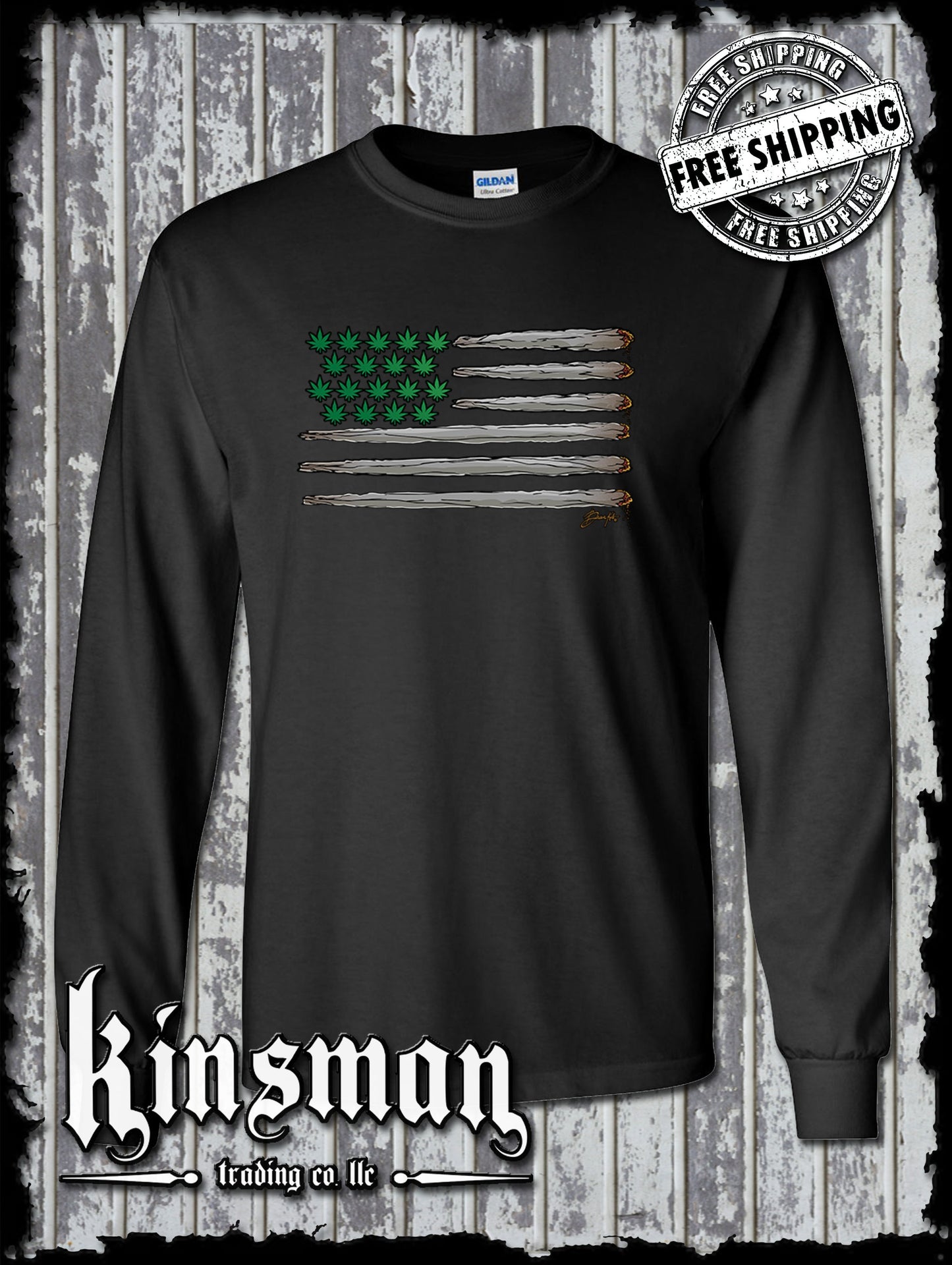 American Joint & Pot Leaf Flag Long Sleeve T-Shirt USA Weed