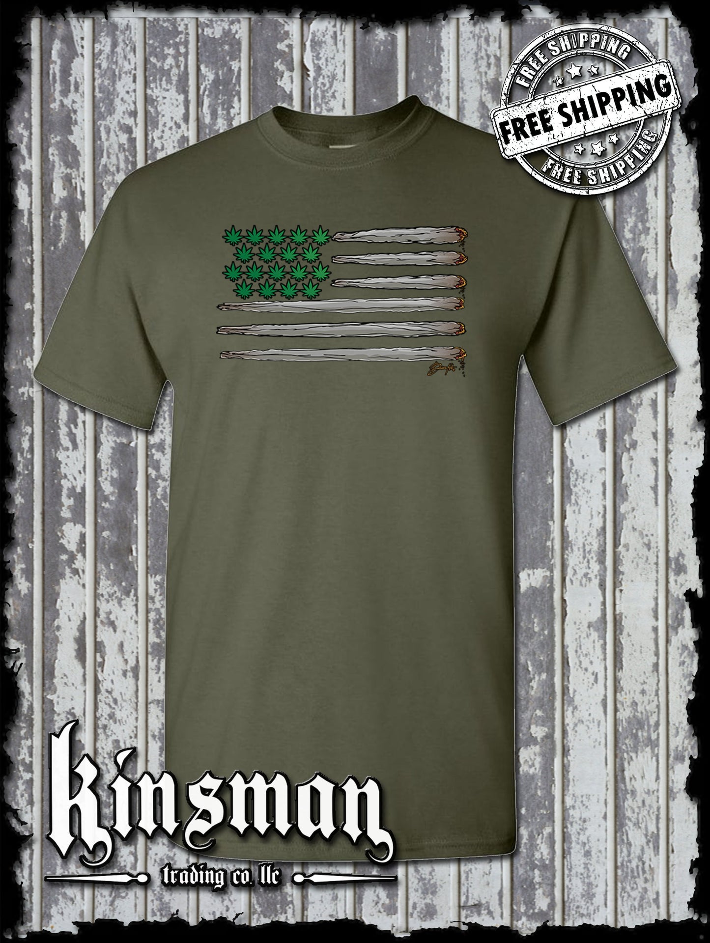 American Joint & Pot Leaf Flag T-Shirt USA Weed