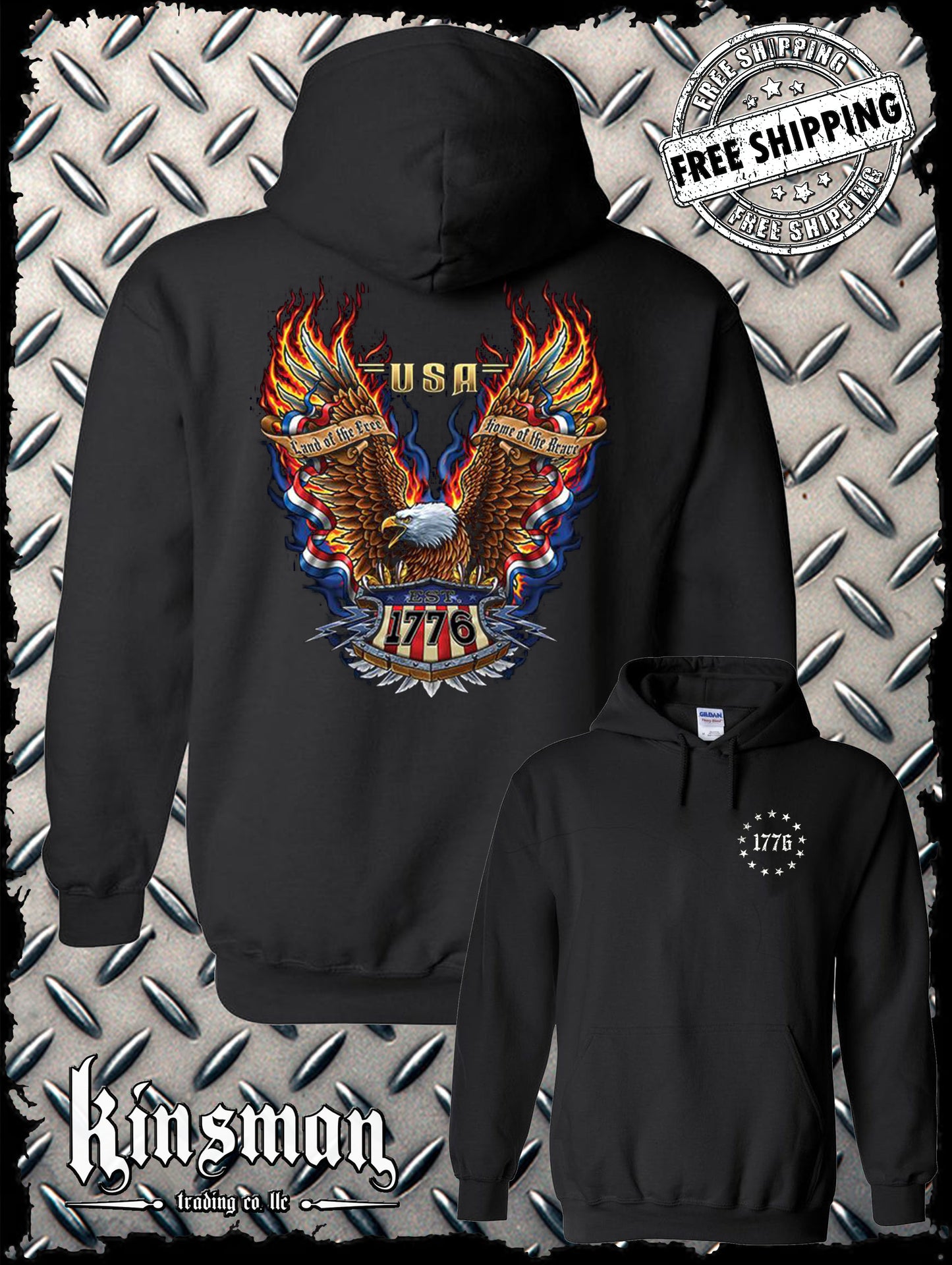 Land of the Free 1776 American Eagle Hoodie / Sweatshirt Biker MC CC USA Flag