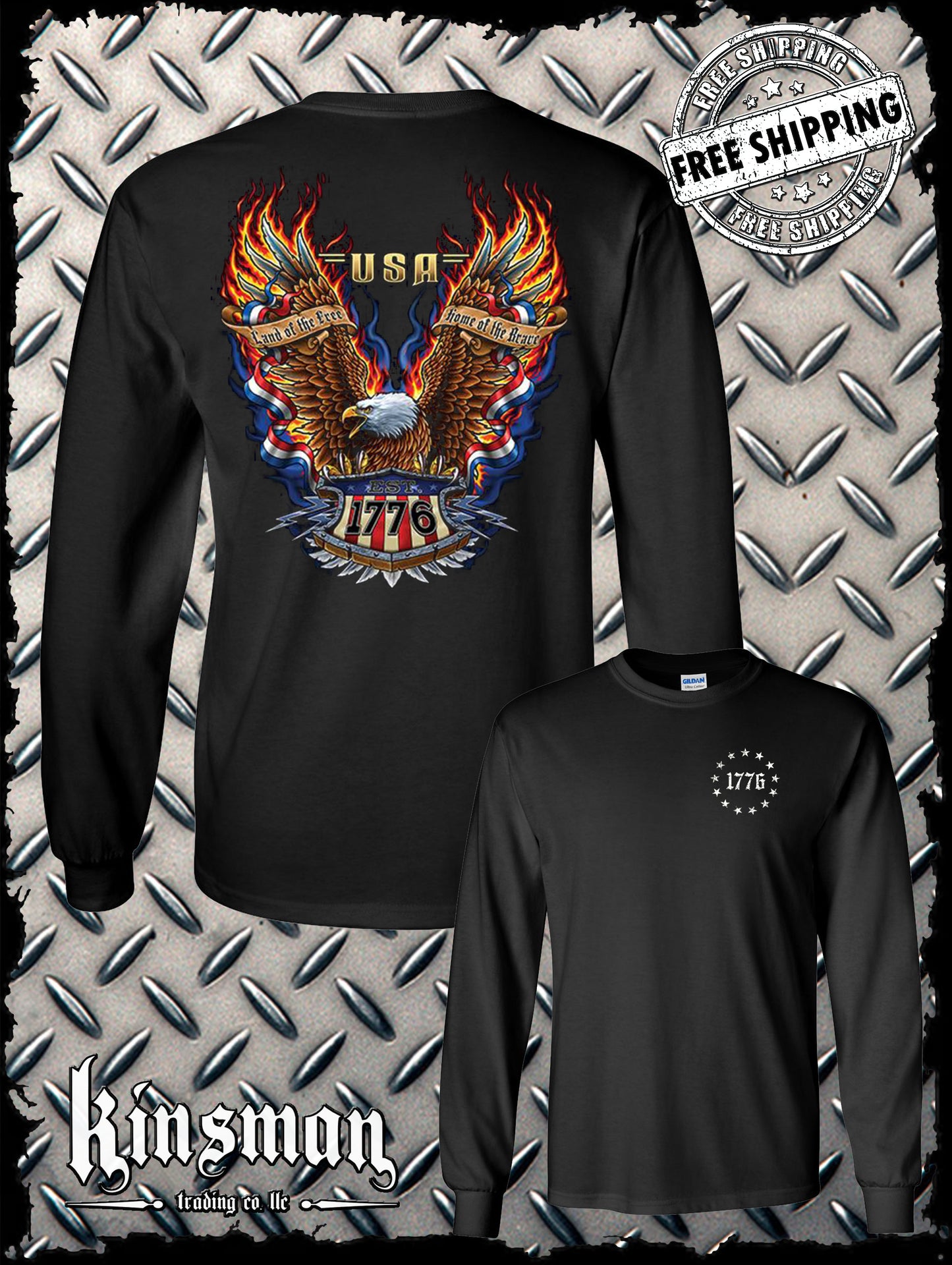 Land of the Free 1776 American Eagle Long Sleeve T-Shirt Biker MC CC USA Flag