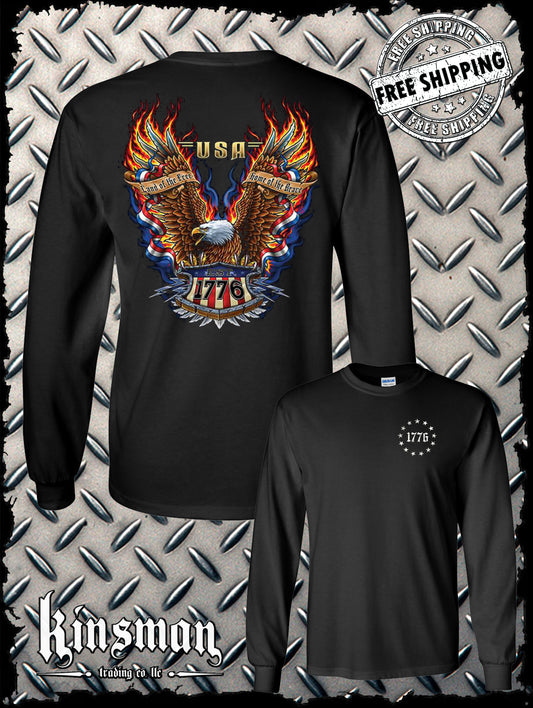 Land of the Free 1776 American Eagle Long Sleeve T-Shirt Biker MC CC USA Flag