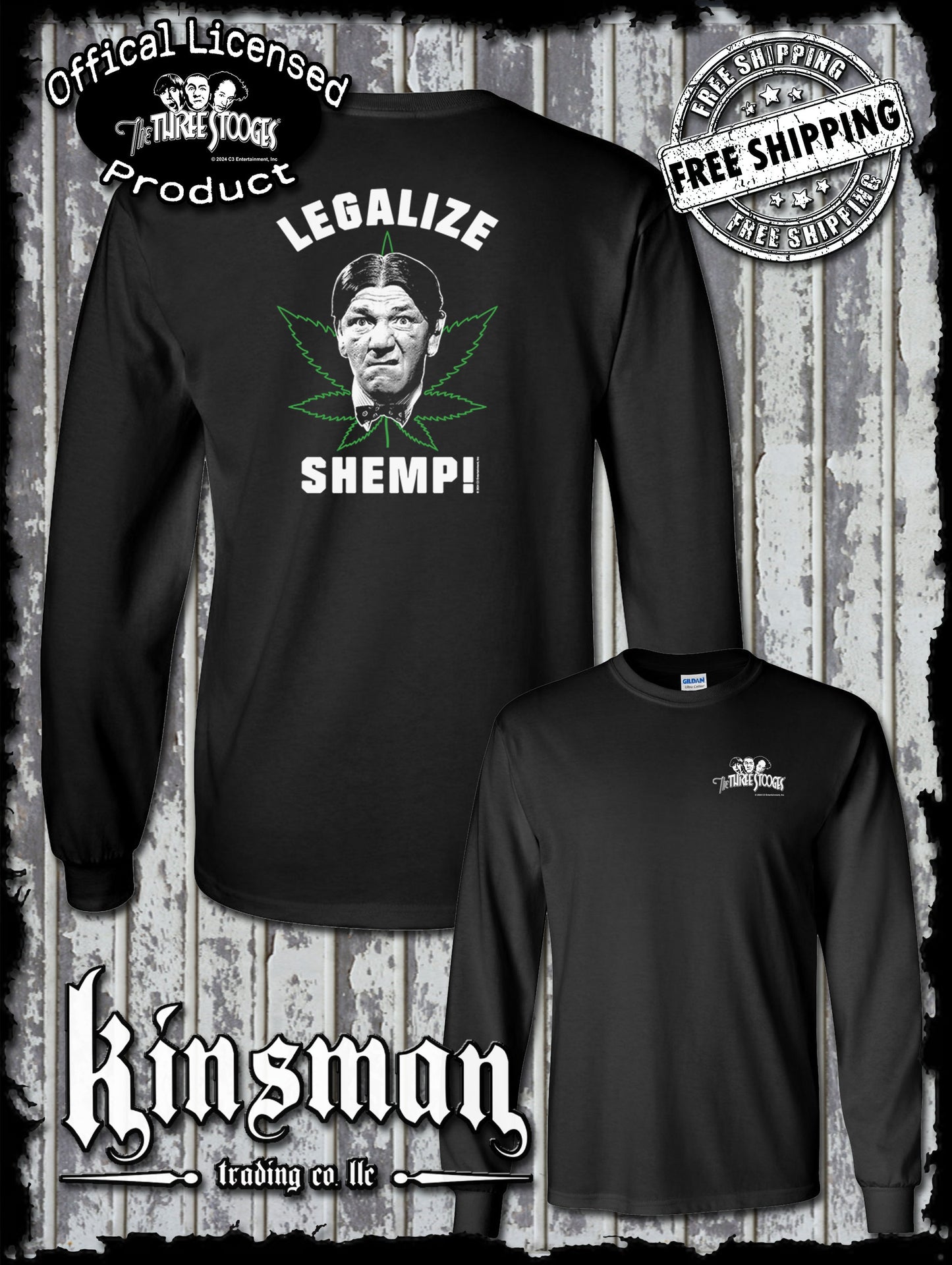 Three Stooges Legalize Shemp 2-Sided Long Sleeve T-Shirt Weed Marijuana Pot Leaf