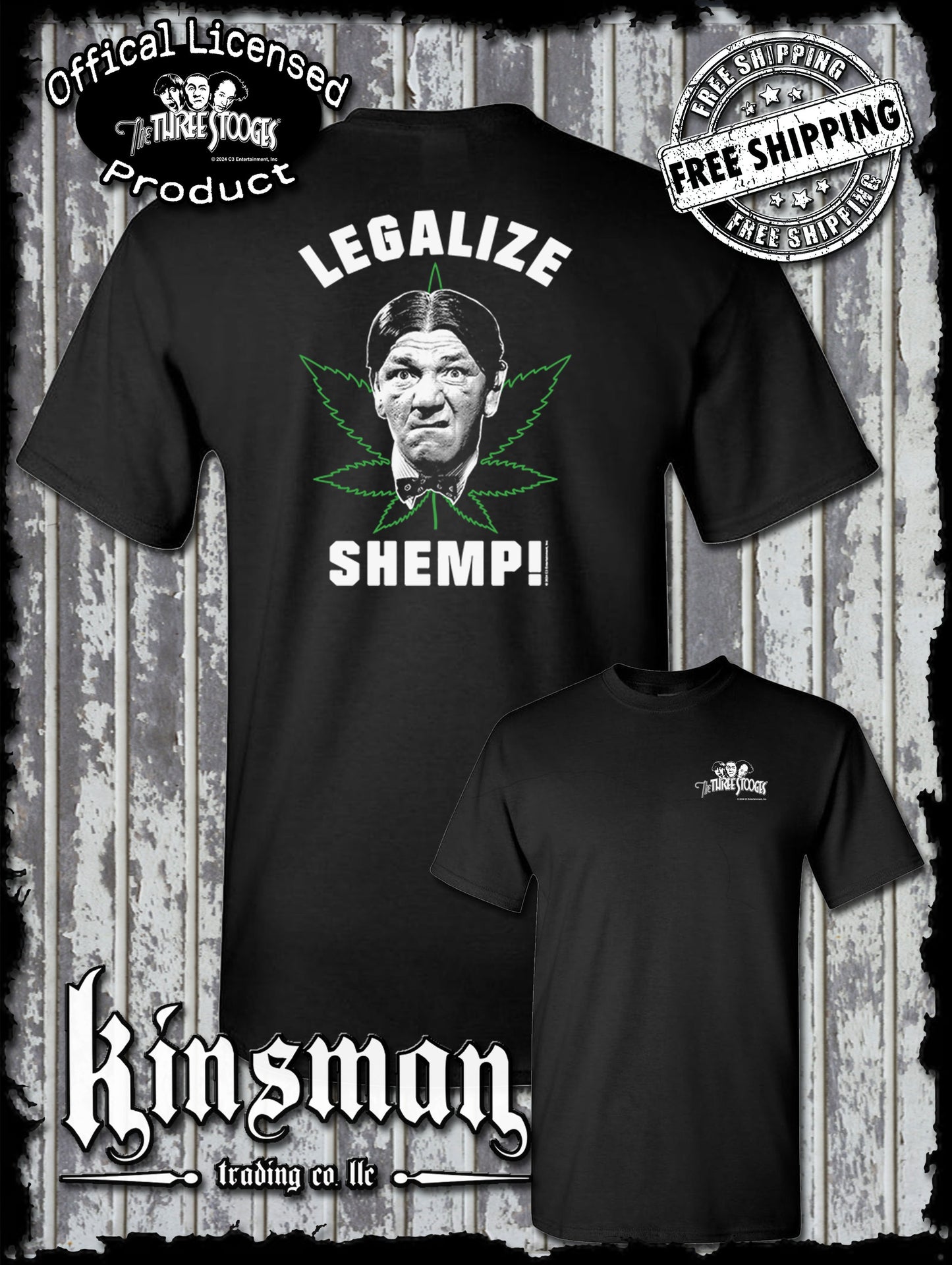 Three Stooges Legalize Shemp 2-Sided T-Shirt Weed Marijuana Pot Leaf