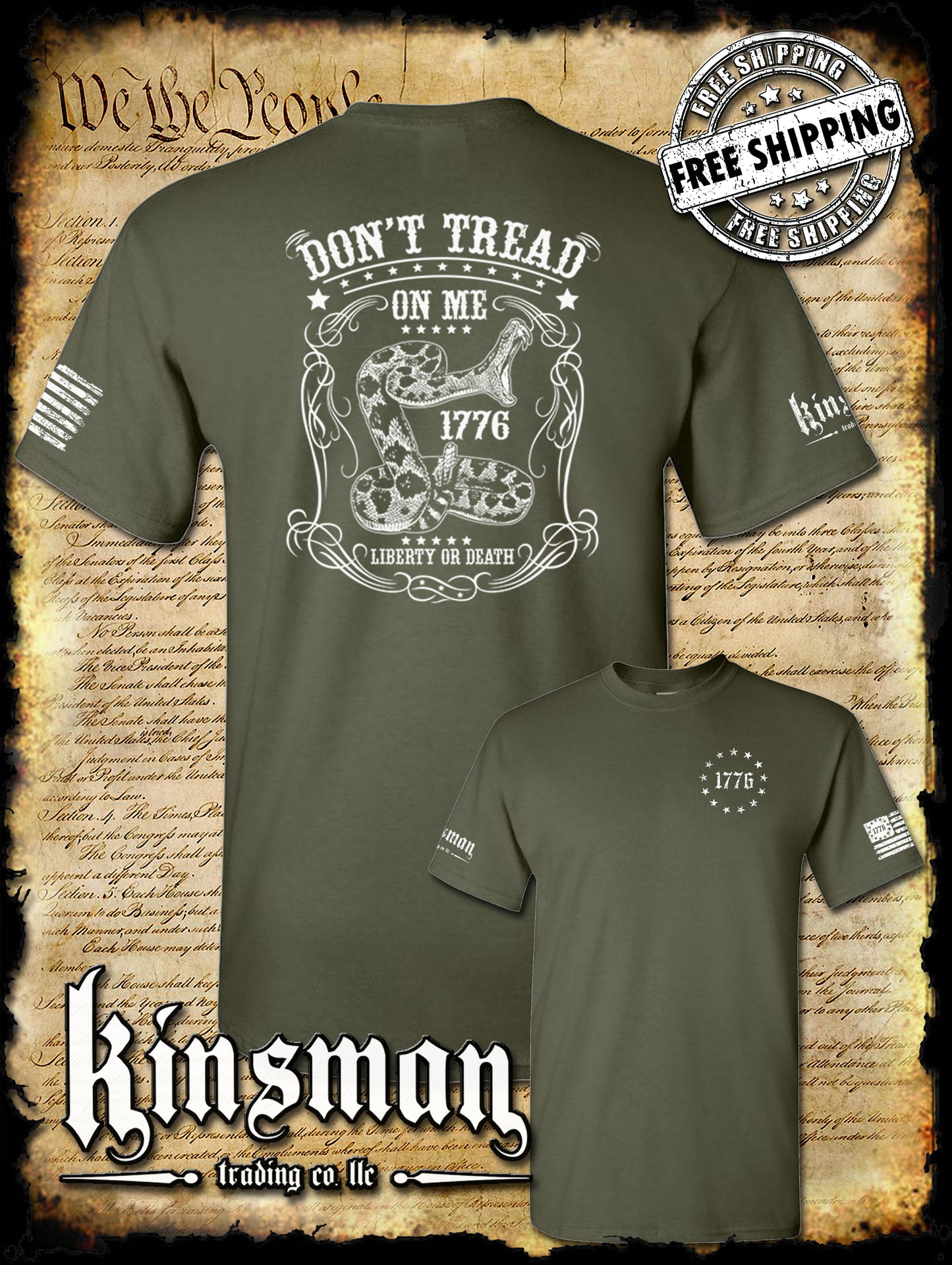 Don't Tread on Me Rattle Snake Liberty or Death 1776 Crest 2-Sided T-Shirt