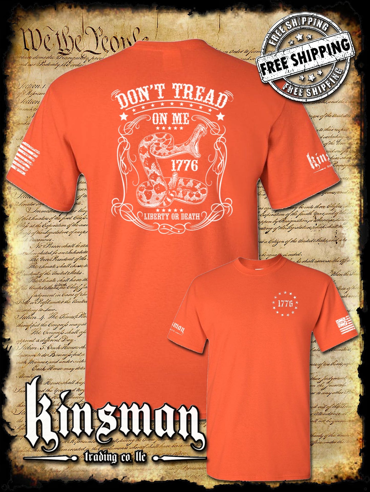 Don't Tread on Me Rattle Snake Liberty or Death 1776 Crest 2-Sided T-Shirt