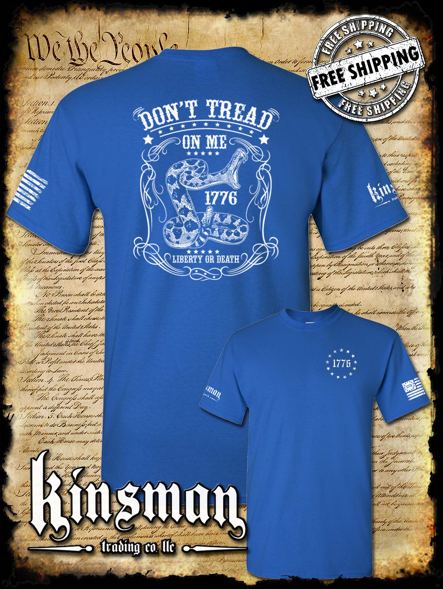Don't Tread on Me Rattle Snake Liberty or Death 1776 Crest 2-Sided T-Shirt