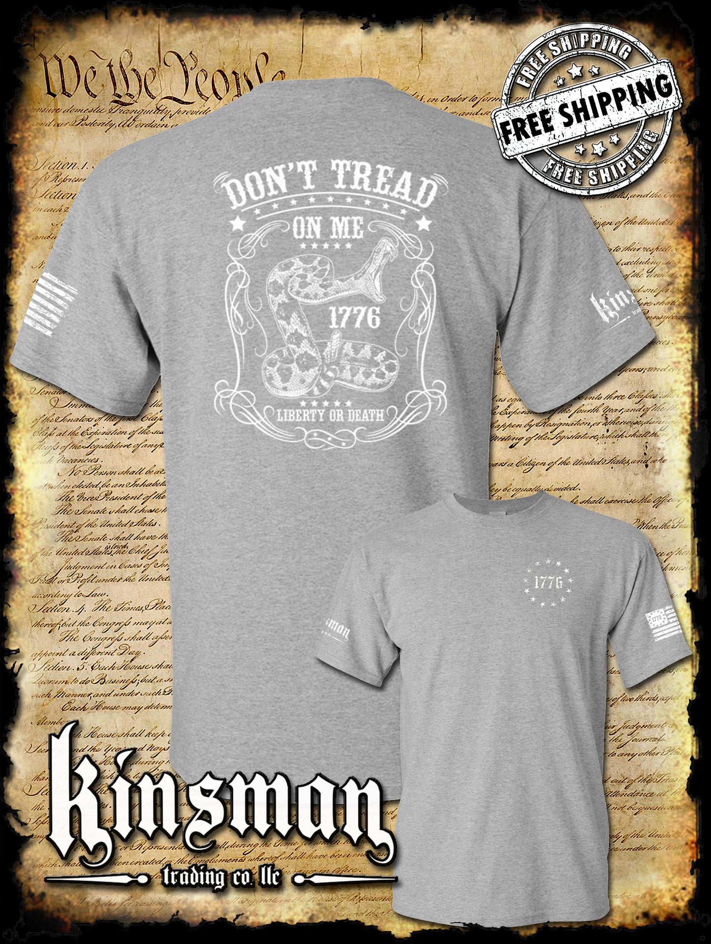 Don't Tread on Me Rattle Snake Liberty or Death 1776 Crest 2-Sided T-Shirt
