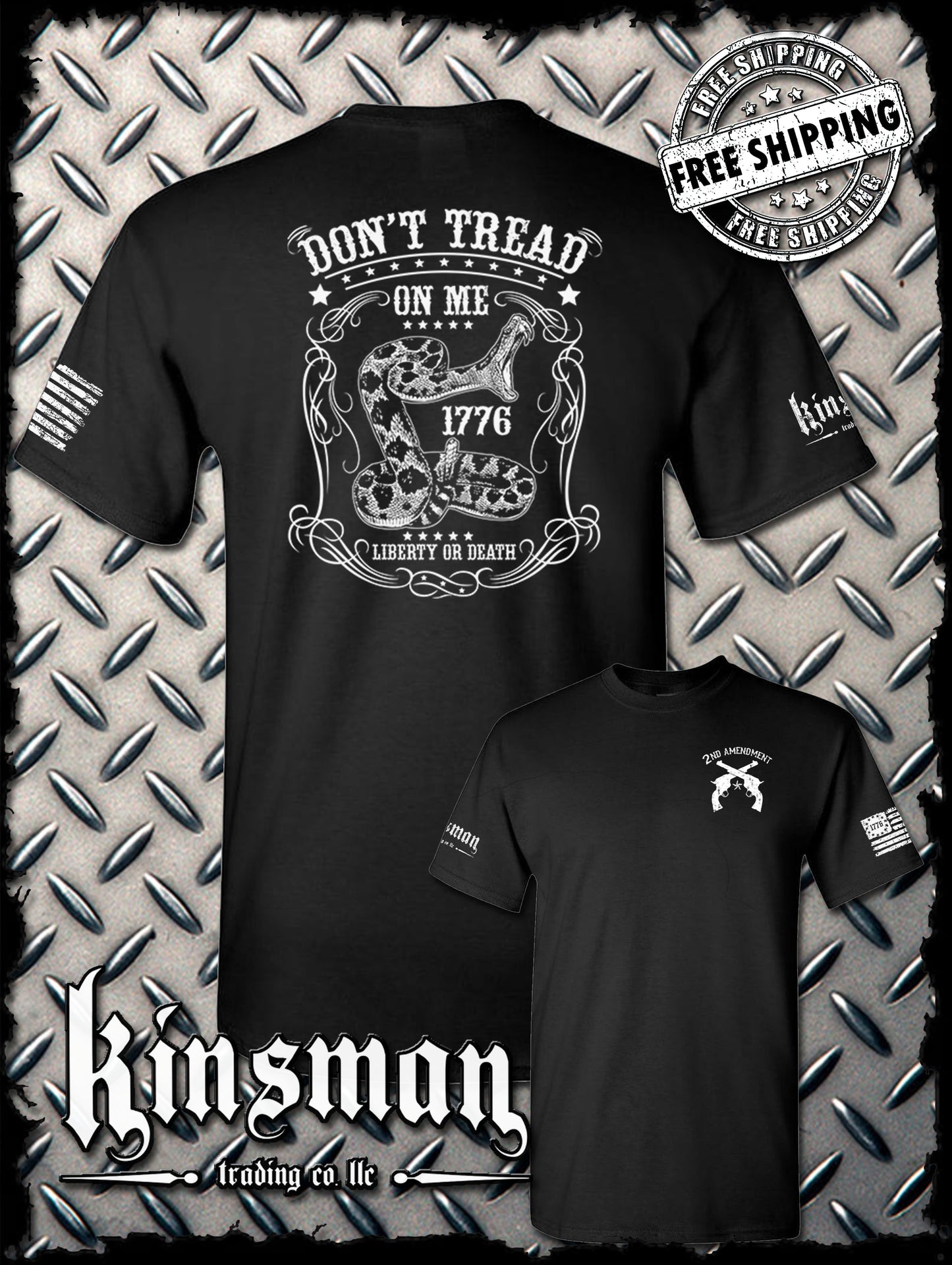 Don't Tread on Me Snake Liberty or Death w/ Revolvers Crest T-Shirt