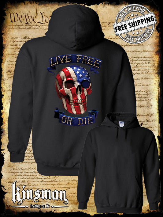 Live Free or Die American Flag Skull Hoodie Sweatshirt - 4th of July USA 2nd Amendment