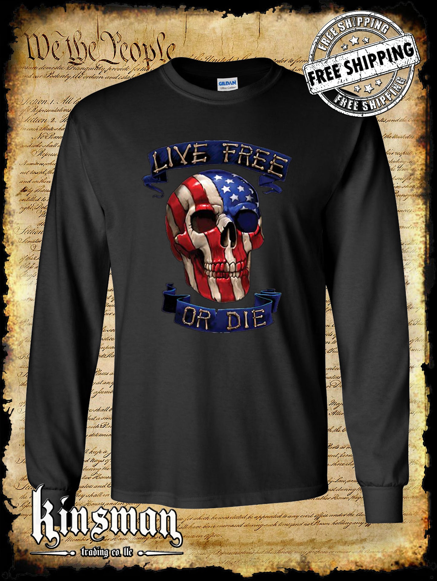 Live Free or Die American Flag Skull Long Sleeve T-Shirt - 4th of July USA 2nd Amendment