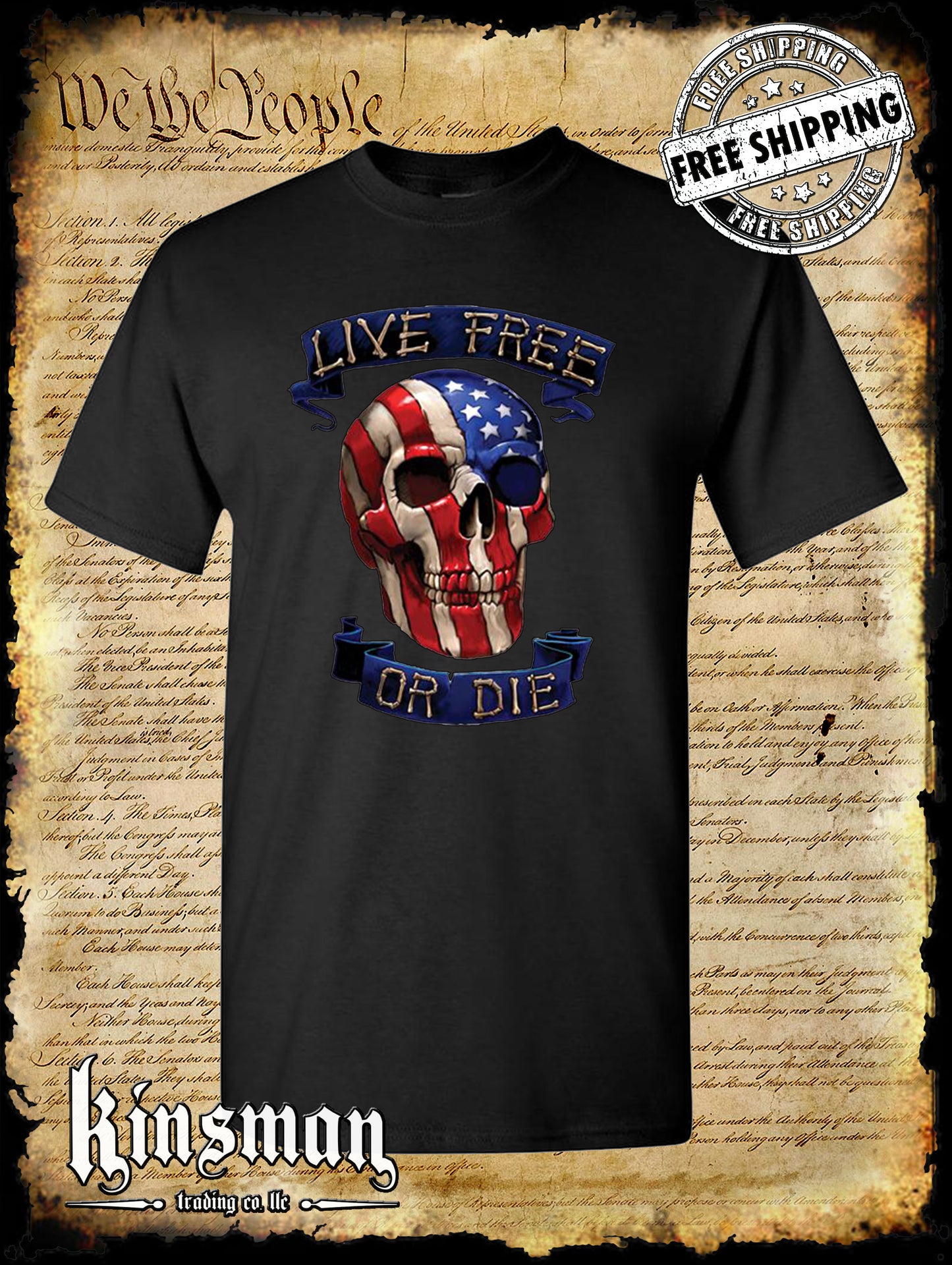 Live Free or Die American Flag Skull T-Shirt - 4th of July USA 2nd Amendment