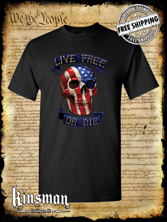Live Free or Die American Flag Skull T-Shirt - 4th of July USA 2nd Amendment