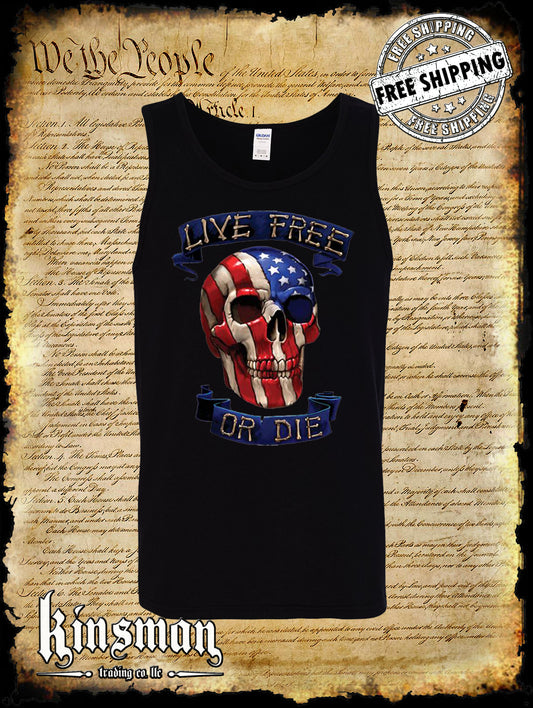 Live Free or Die American Flag Skull Tank Top T-Shirt - 4th of July USA 2nd Amendment