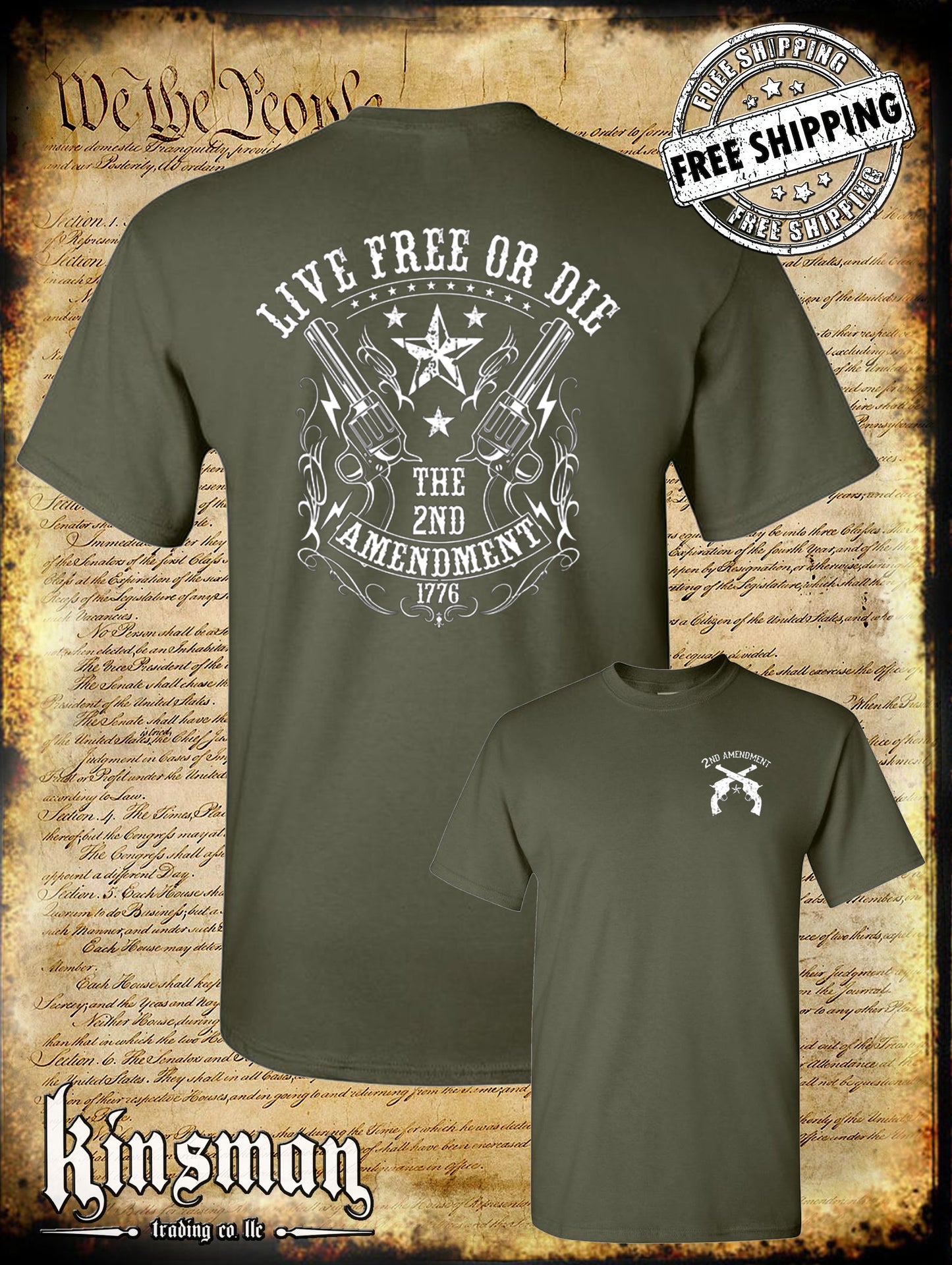 Live FREE or DIE 2nd Amendment 2-Sided T-Shirt - Gun Rights .45 Revolvers USA
