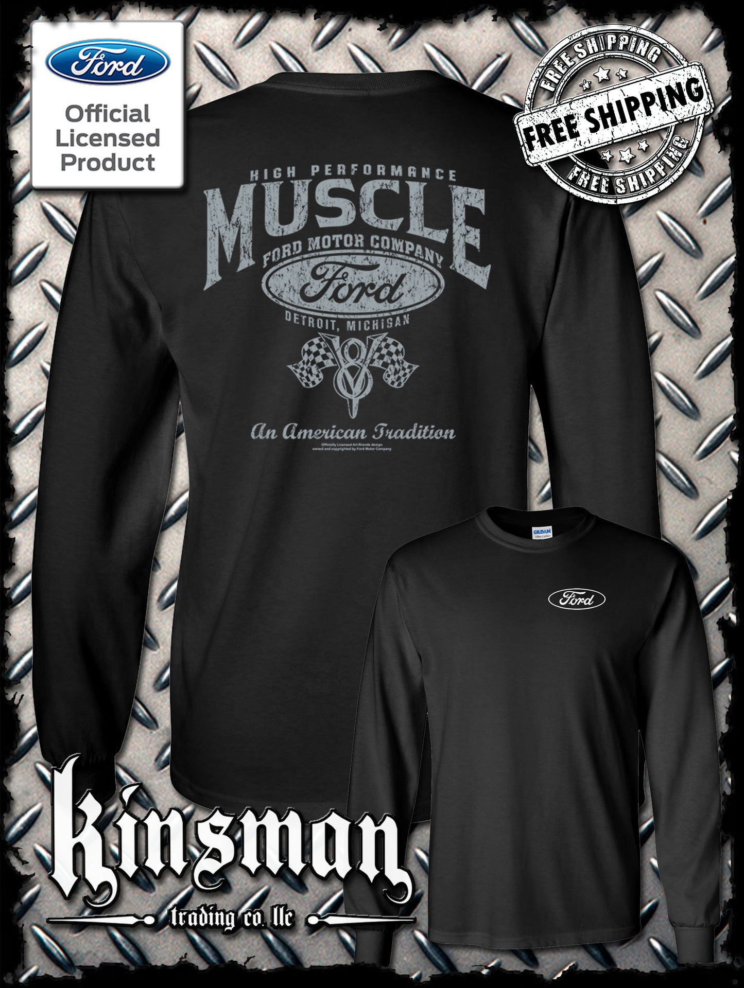 Ford High Performance Muscle V8 Logo 2-Sided Long Sleeve T-Shirt