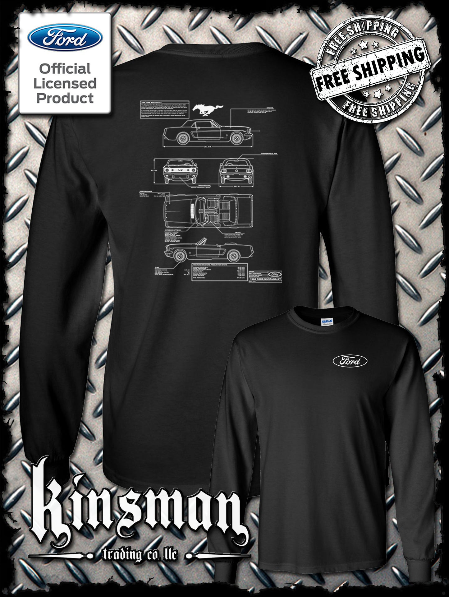 Ford Mustang Blueprint 2-Sided Long Sleeve T-Shirt - Official Licensed Product