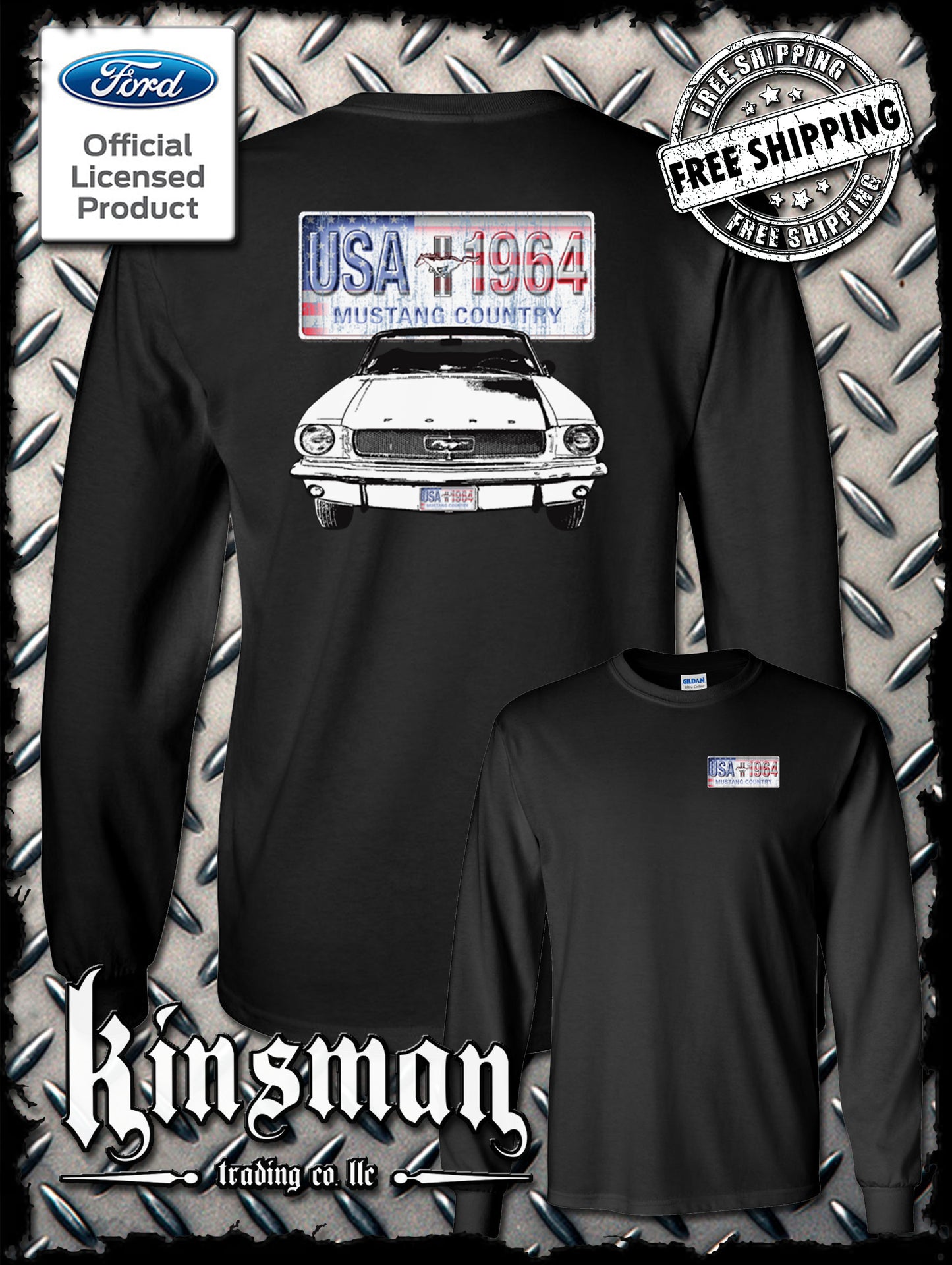 Ford Mustang Country 2-Sided Long Sleeve T-Shirt - USA Flag 1964 Official Licensed Product